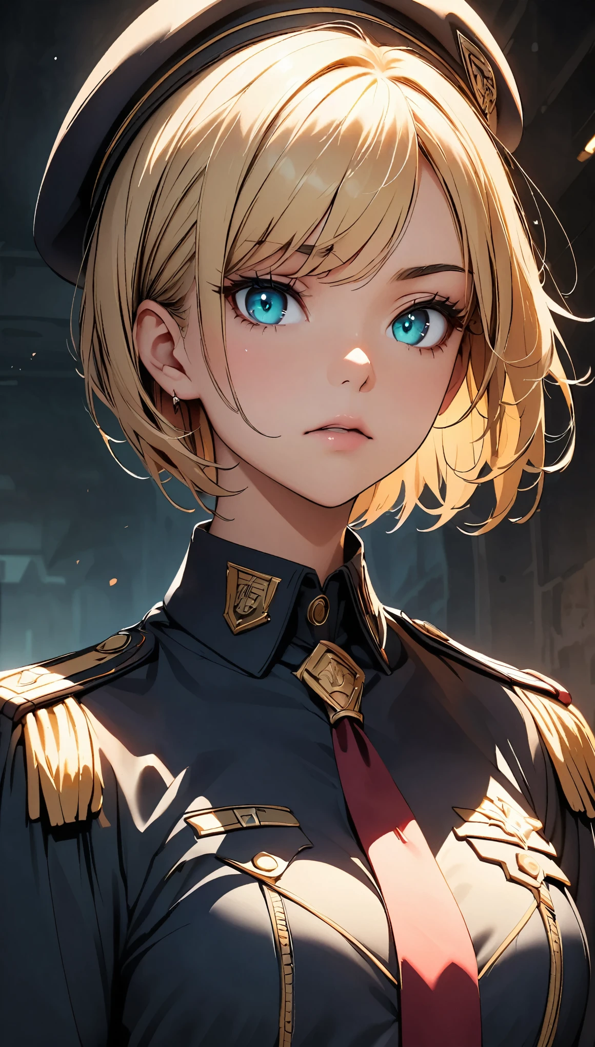 Female military officer in military uniform、Highly detailed portrait, Cinematic lighting, Dramatic atmosphere, High contrast, Cold colors, Sharp Focus, Chiaroscuro, stoic expression, Sharp Eyes, Military insignia, Epaulettes, Medals, Beautiful textures, Intricate details, Military beret, Military haircut, Strong jawline, Resolute look, Front view, Cowboy Shot, Military Background, Military equipment, Rough, grim, powerful, A commanding presence.