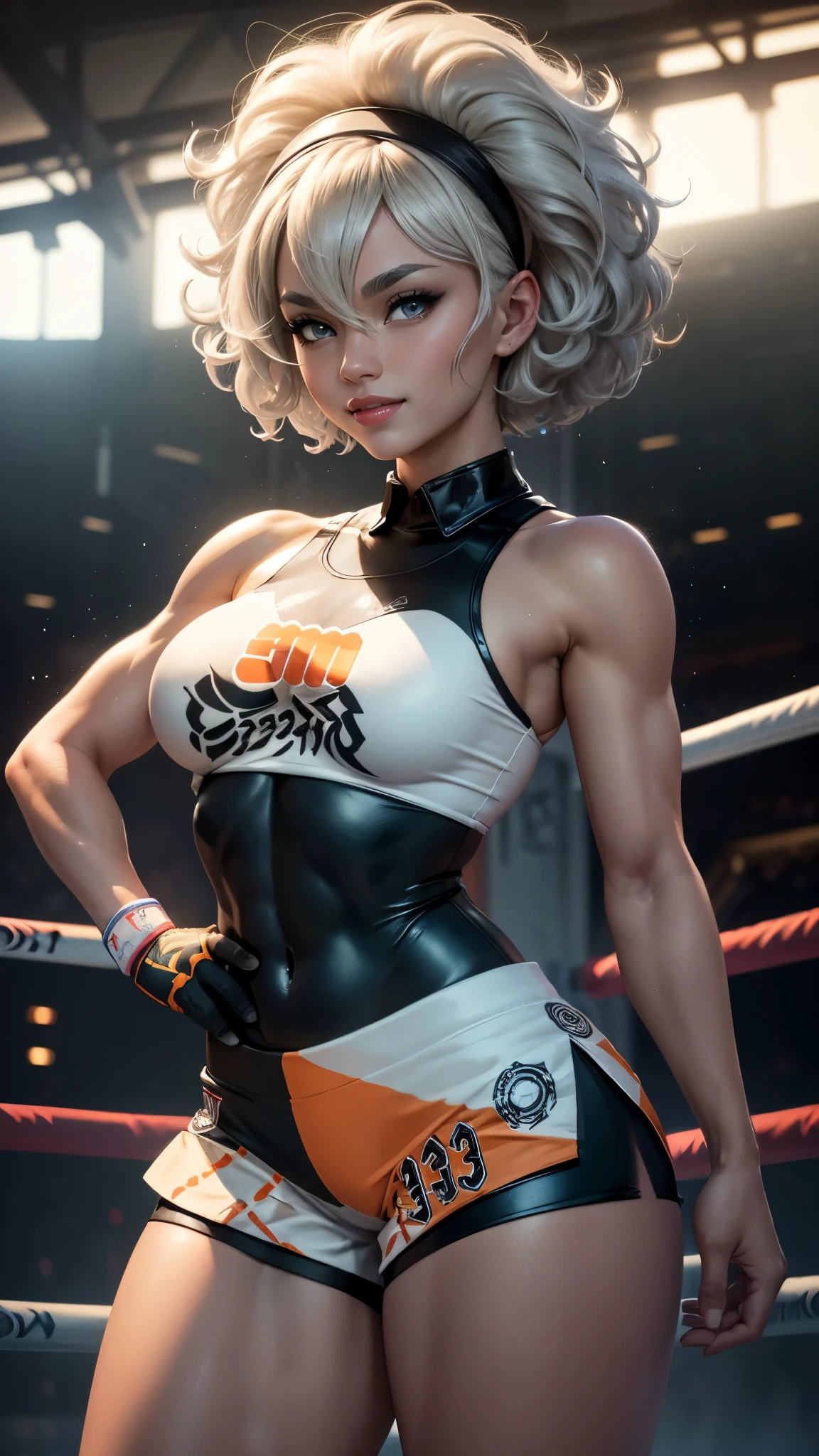 Bea da pokemon,(best qualityer,4K,8k,high resolution,work of art:1.2)(weather: windy), sports stadium background, boxing ring, short curly hair, gray hair, sleeveless cropped shirt, leotard, micro shorts, thigh high stockings, headband, gloves, ultra detailed,realistic,beautiful detailed gray eyes, beautiful detailed lips,extremely detailed eye and face, long eyelashes,average,large breasts,flying hair,beaming smile, cute smile,powerful girl, fighting, bright coloured, dramatic lighting, wet body,