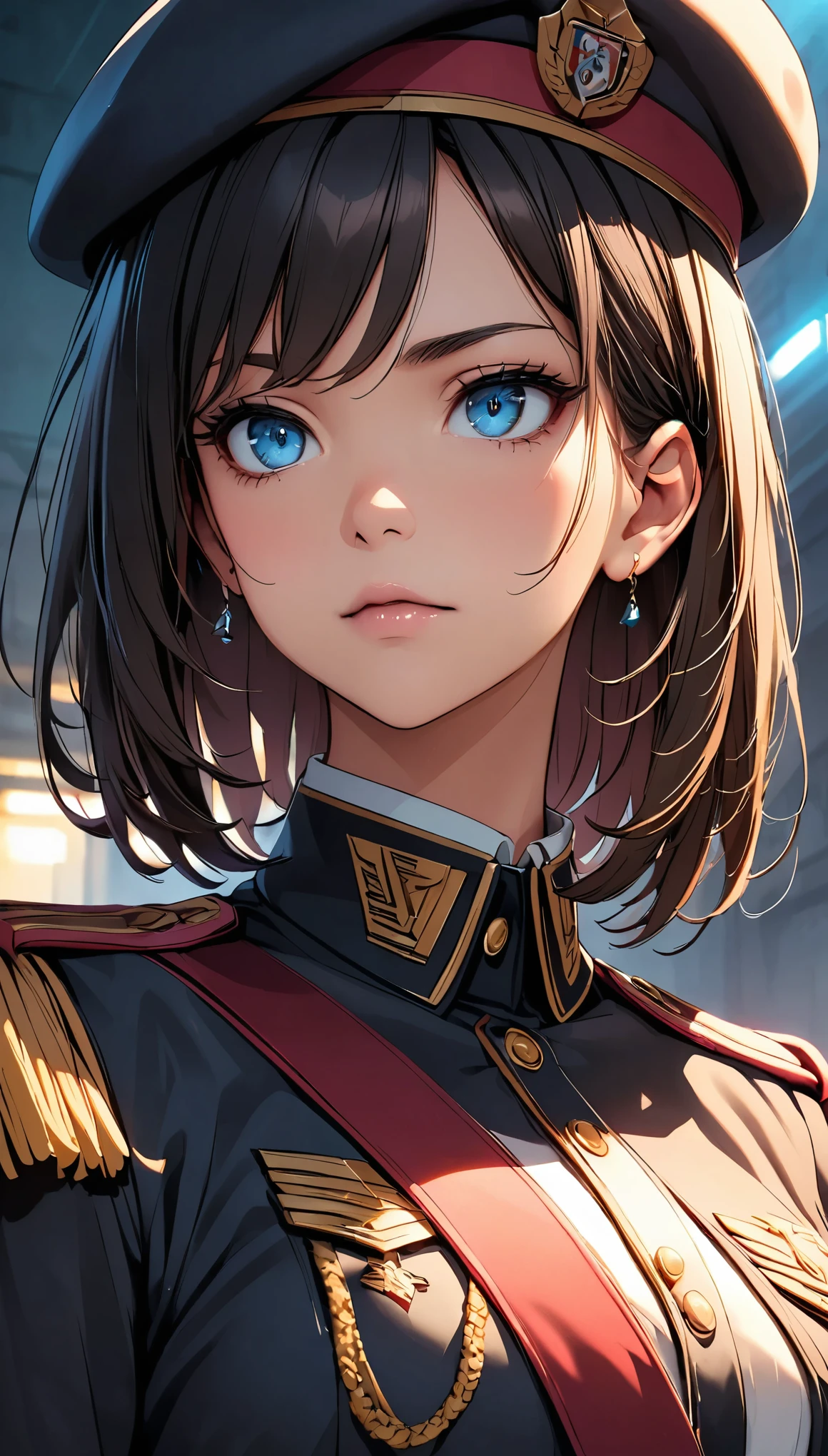 Female military officer in military uniform、Highly detailed portrait, Cinematic lighting, Dramatic atmosphere, High contrast, Cold colors, Sharp Focus, Chiaroscuro, stoic expression, Sharp Eyes, Military insignia, Epaulettes, Medals, Beautiful textures, Intricate details, Military beret, Military haircut, Strong jawline, Resolute look, Military Background, Military equipment, Rough, grim, powerful, A commanding presence.