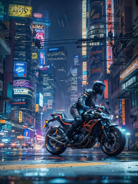 create a highly detailed, ultra-realistic scene of a man riding a motorcycle on a highway through a futuristic, motorcycle in mo...