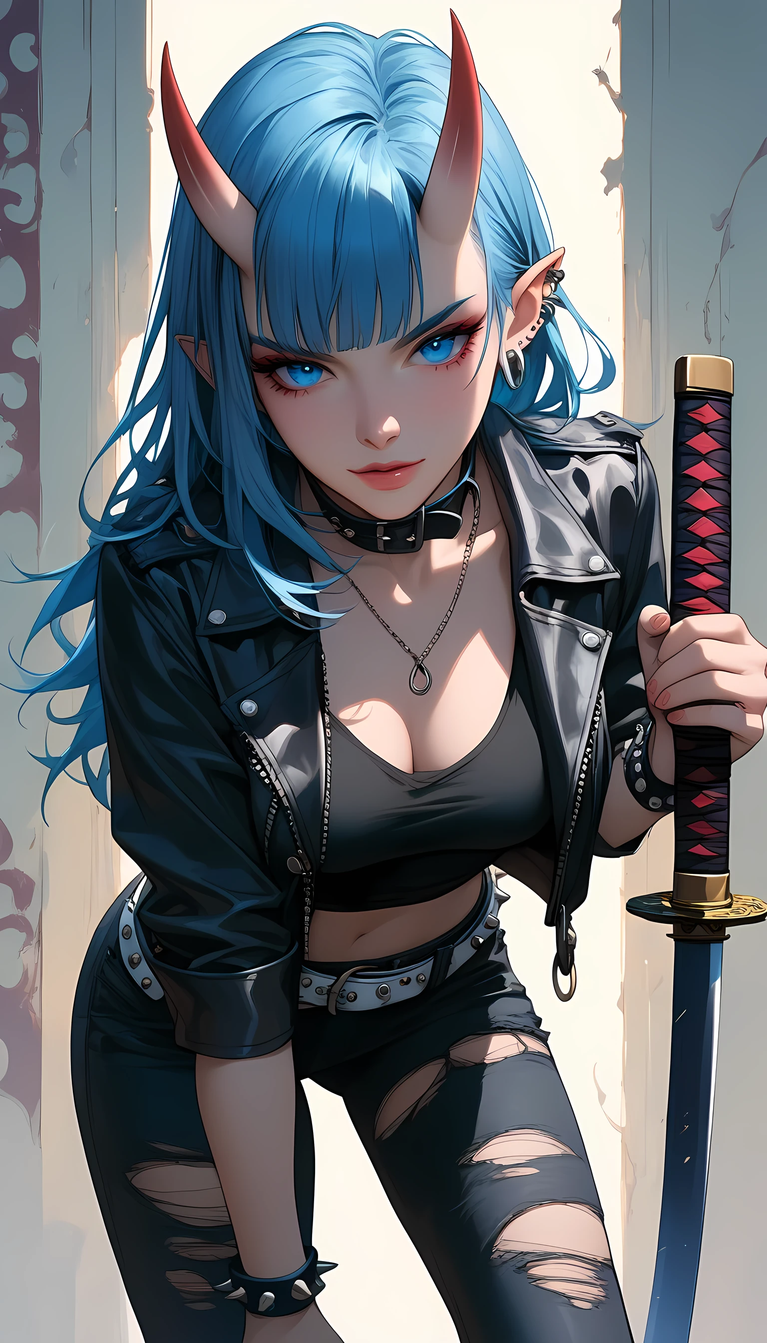 score_9, score_8_up, score_7_up, score_6_up, dark theme，sinozick style，
 p_ai_nori,original,highres,model_request,1girl,{arms_up:1.6},belt,belt buckle,black_belt,black_pants,black_shirt,blue_eyes,blue_hair,bracelet,buckle,chain,collar,contrapposto,cowboy_shot,cropped_jacket,demon horns,ear_piercing,earrings,{hands_in_own_hair:1.6},horns,leather_jacket,leather_pants,light_blue_hair,long_hair,looking_at_viewer,looking_down,necklace o-ring,oni,oni_horns,open_clothes,open_jacket,pants,piercing,pointy_ears,punk shirt,signature,detailed background,solo,spiked_bracelet,spikes,standing,studded_belt,tight,torn_clothes,very_long_hair,(gravure_pose,katana,katana practice,leaning_forward:1.6)