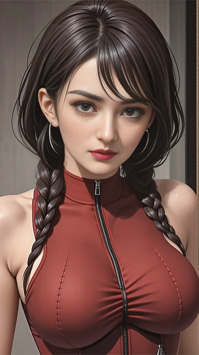 (masterpiece:1.1), (top quality:1.1), Whole body, short hair, good anatomy, lock of hair, (1 girl:1.2), (detailed face and eyes:1.25), long scarlet hair, Two thick braids,Brown eyes, facilitates ,( skintight suit), big breasts,split:1.2), blush, I&#39;m looking at the viewer, mature woman, sidelocks, tatibana kyoka,, sitting, Elysiumchar, Oil painting,