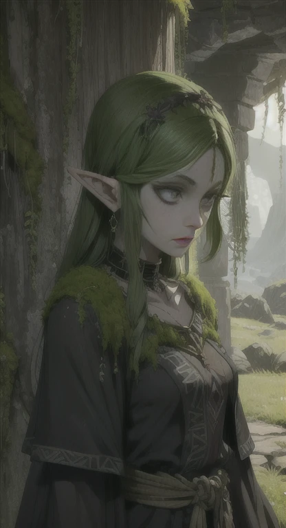 Overgrown hell life, moss Hylian Zelda, cracked skin, green skin, black veins, black blood, covered in moss,