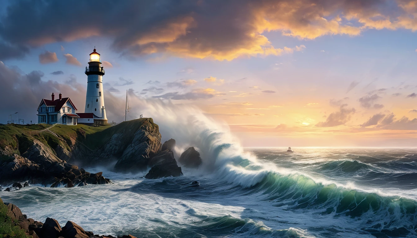 Stunning, premium, Illustration, wide angle, Lighthouse, standing tall, guiding lost sailors, rocky coast, crashing waves, foggy night, rim light, studio light, luminous, soft glow, dynamic lighting, silhouette of a woman, watercolors, realistic, contrast, dreamcore, cinematic, Thomas Kinkade.