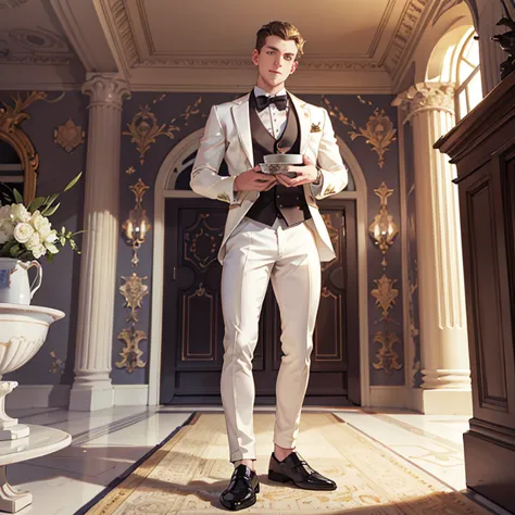 full body view, one wealthy young white handsome european hype fashion man looking happy, sniffing directly very close to a smal...