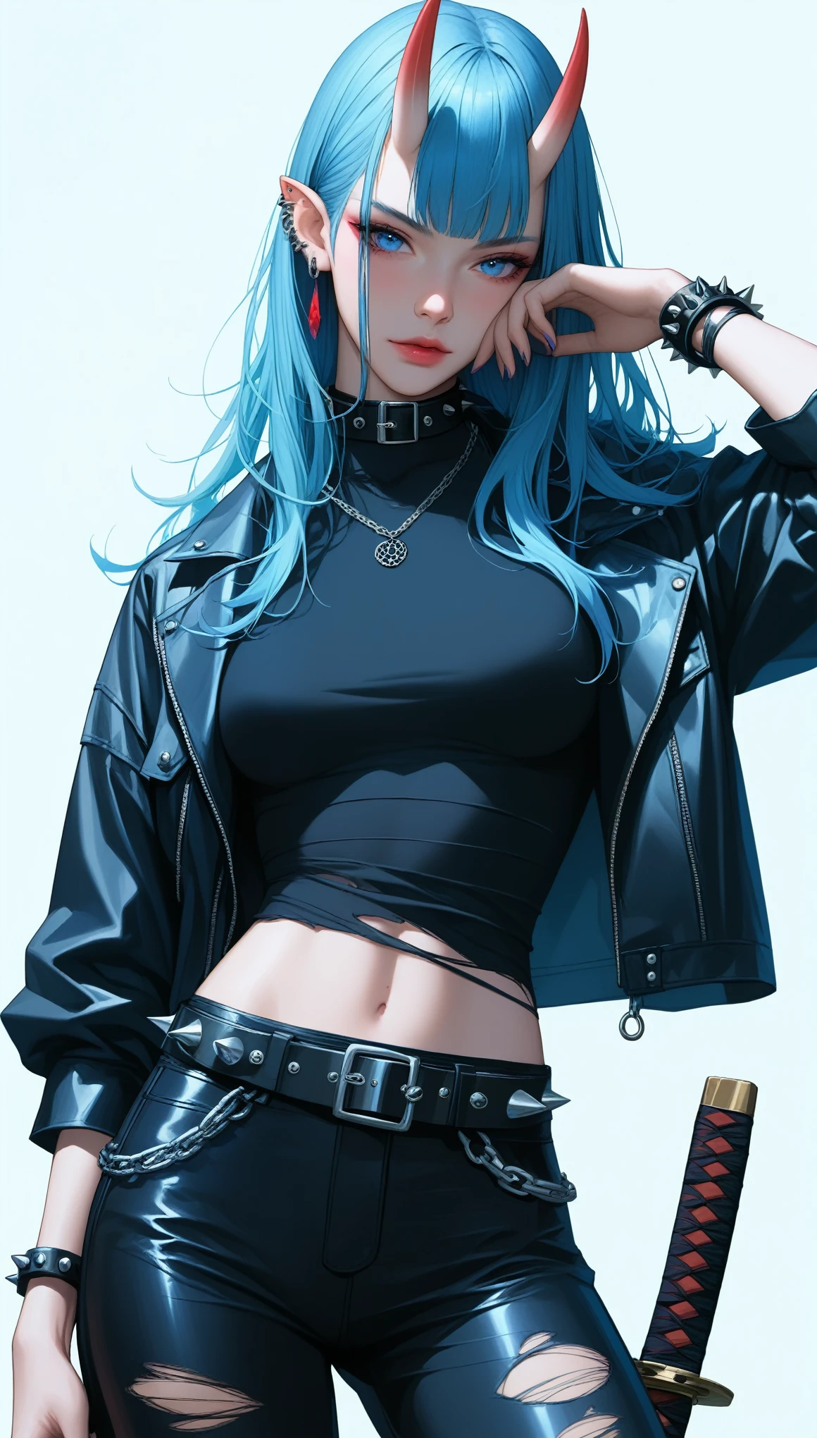 score_9, score_8_up, score_7_up, score_6_up, dark theme，sinozick style，
 p_ai_nori,original,highres,model_request,1girl,{arms_up:1.6},belt,belt buckle,black_belt,black_pants,black_shirt,blue_eyes,blue_hair,bracelet,buckle,chain,collar,contrapposto,cowboy_shot,cropped_jacket,demon horns,ear_piercing,earrings,{hands_in_own_hair:1.6},horns,leather_jacket,leather_pants,light_blue_hair,long_hair,looking_at_viewer,looking_down,necklace o-ring,oni,oni_horns,open_clothes,open_jacket,pants,piercing,pointy_ears,punk shirt,signature,detailed background,solo,spiked_bracelet,spikes,standing,studded_belt,tight,torn_clothes,very_long_hair,(gravure_pose:1.6),katana,katana practice