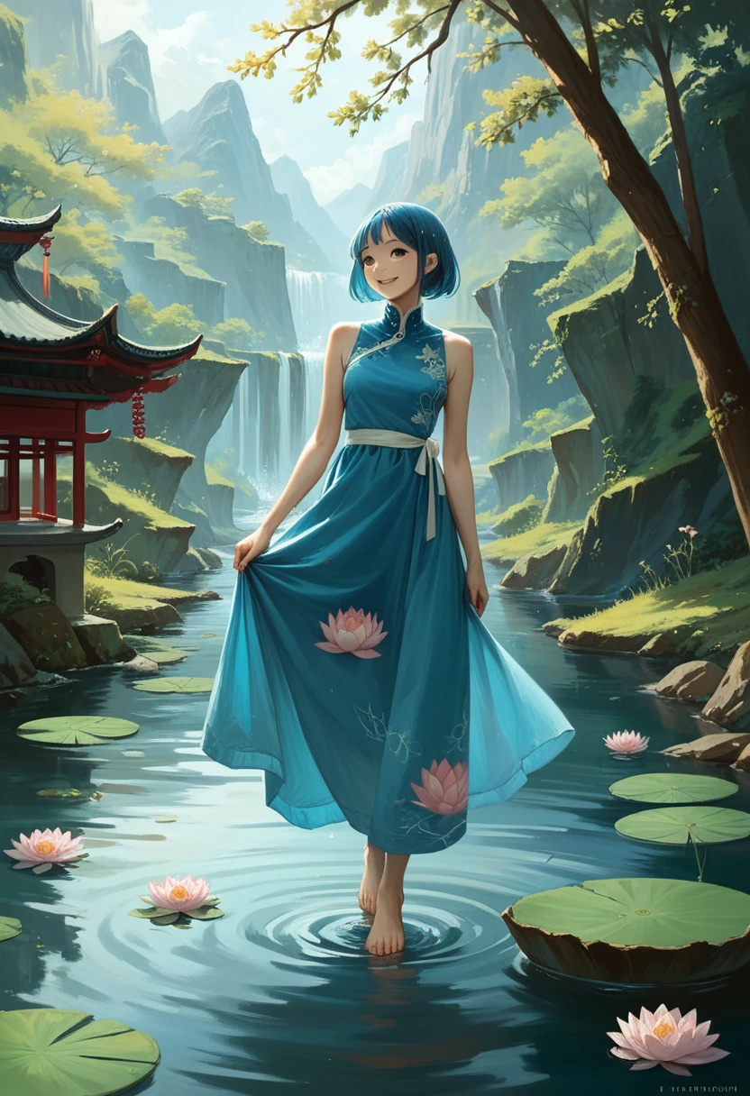 ((4k,masterpiece,best quality)), shuimobysim, Chinese painting, lotus, hanfu, maxiskit, dress open, swf 1girl, solo, long blue hair, smile, standing, feet in the water, barefoot,