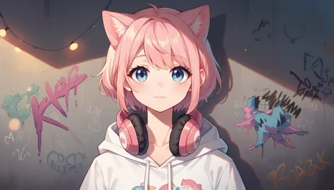 cute cat dressed in a white hoodie with pastel pink accents, oversized headphones snugly fit around its neck, mid-action as it m...