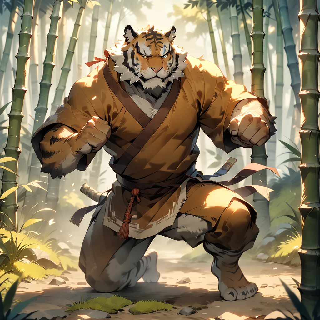 full body, looking away, plump middle-aged tiger man, monk, fighting Pose, kicking, brown eyes, beautiful beard, male face, big face, square jawline, male eyes, sharp eyes, big eyes, male eyebrows, innocent look, fluffy body, BREAK bamboo forest, masterpiece, best quality, very aesthetic, absurdres,