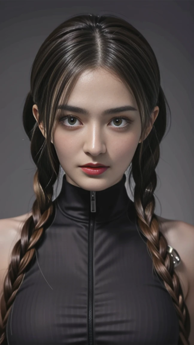 (masterpiece:1.1), (top quality:1.1), Whole body, short hair, good anatomy, lock of hair, (1 girl:1.2), (detailed face and eyes:1.25), long scarlet hair, Two thick braids,Brown eyes, facilitates ,( skintight suit), big breasts,split:1.2), blush, I&#39;m looking at the viewer, mature woman, sidelocks, tatibana kyoka,, sitting, Elysiumchar, Oil painting,  