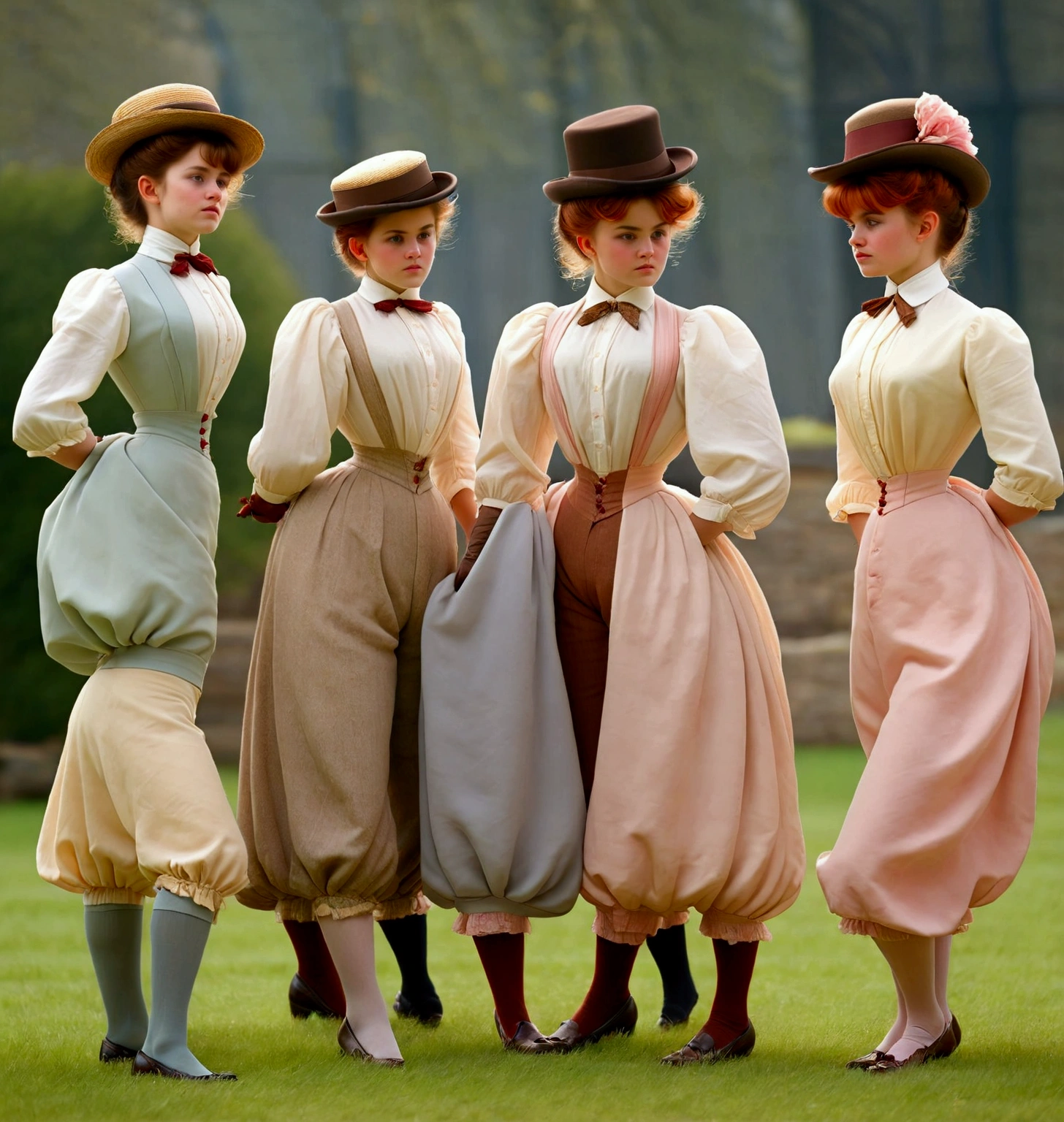 A group of teenage girls, of different hair colors, ages 13 to 15, flirting with old perverts in the 1890s, (((showing some leg, revealing their high-waisted bloomers))). Victorian setting. 1890_dr3ss. Year 1898. Colorful high-collar shirtwaists with puff sleeves, long skirts, elegant hats, ribbon ties and cameo broochea, gloves, petticoats, garter silk stockings and button boots.