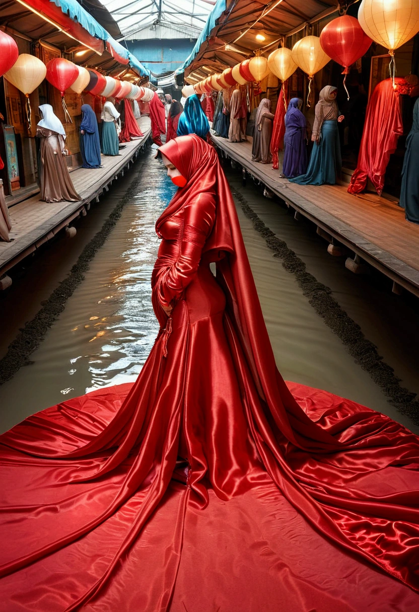 A woman shrouded in a 9-meter-long, plush red satin cloth, tightly bound and grandly draping along the form of her body, flowing off into a pooled floor-length train, styled in a mermaid-inspired outfit with ballon sleeve, her head modestly veiled in a satin hijab, tall woman, in wet traditional market, a full-body pose conveying a sense of elegance, captured in a 4k resolution, ultra-realistic