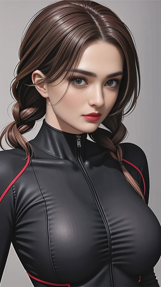 (masterpiece:1.1), (top quality:1.1), Whole body, short hair, good anatomy, lock of hair, (1 girl:1.2), (detailed face and eyes:1.25), long scarlet hair, Two thick braids,Brown eyes, facilitates ,( skintight suit), big breasts,split:1.2), blush, I&#39;m looking at the viewer, mature woman, sidelocks, tatibana kyoka,, sitting, Elysiumchar, Oil painting,