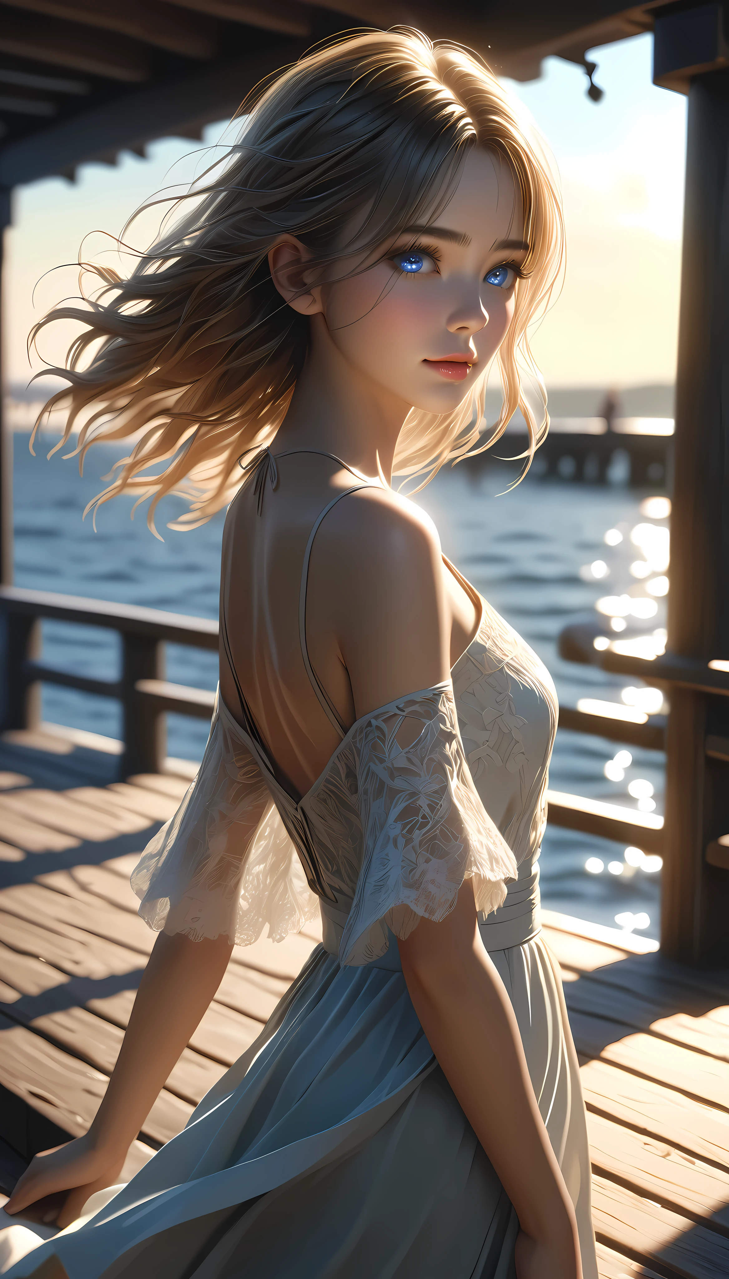 a beautiful young woman, solo, detailed eyes, (Model shooting on the pier:1.17), Summer performance, backlighting, ARW, (best quality,4k,8k,highres,masterpiece:1.2),ultra-detailed,(realistic,photorealistic,photo-realistic:1.37),intricate details,vivid colors,cinematic lighting,soft focus,elegant pose,serene expression,dramatic shadows,volumetric lighting