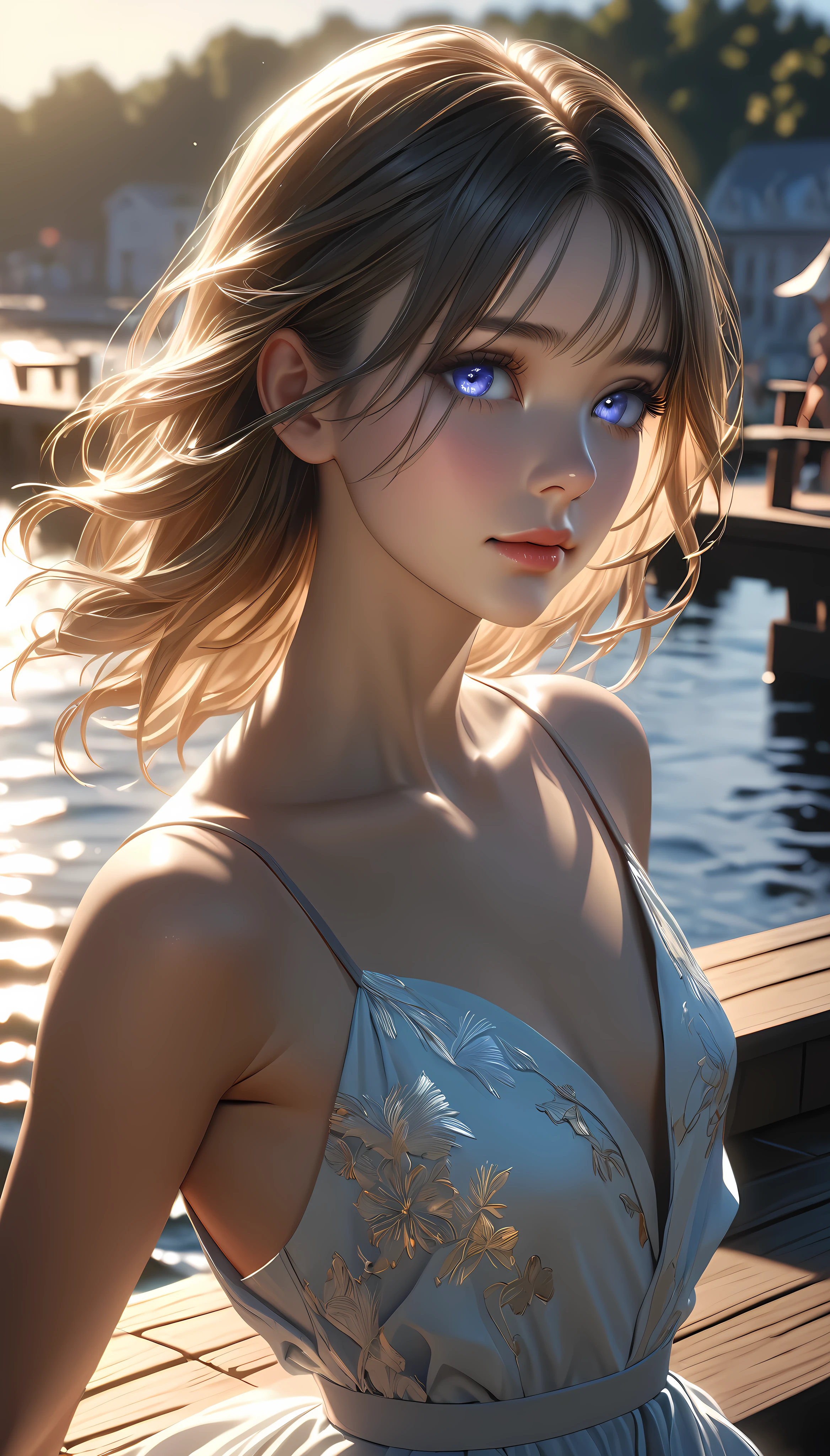 a beautiful young woman, solo, detailed eyes, Model shooting on the pier, Summer performance, backlighting, ARW, (best quality,4k,8k,highres,masterpiece:1.2),ultra-detailed,(realistic,photorealistic,photo-realistic:1.37),intricate details,vivid colors,cinematic lighting,soft focus,elegant pose,serene expression,dramatic shadows,volumetric lighting