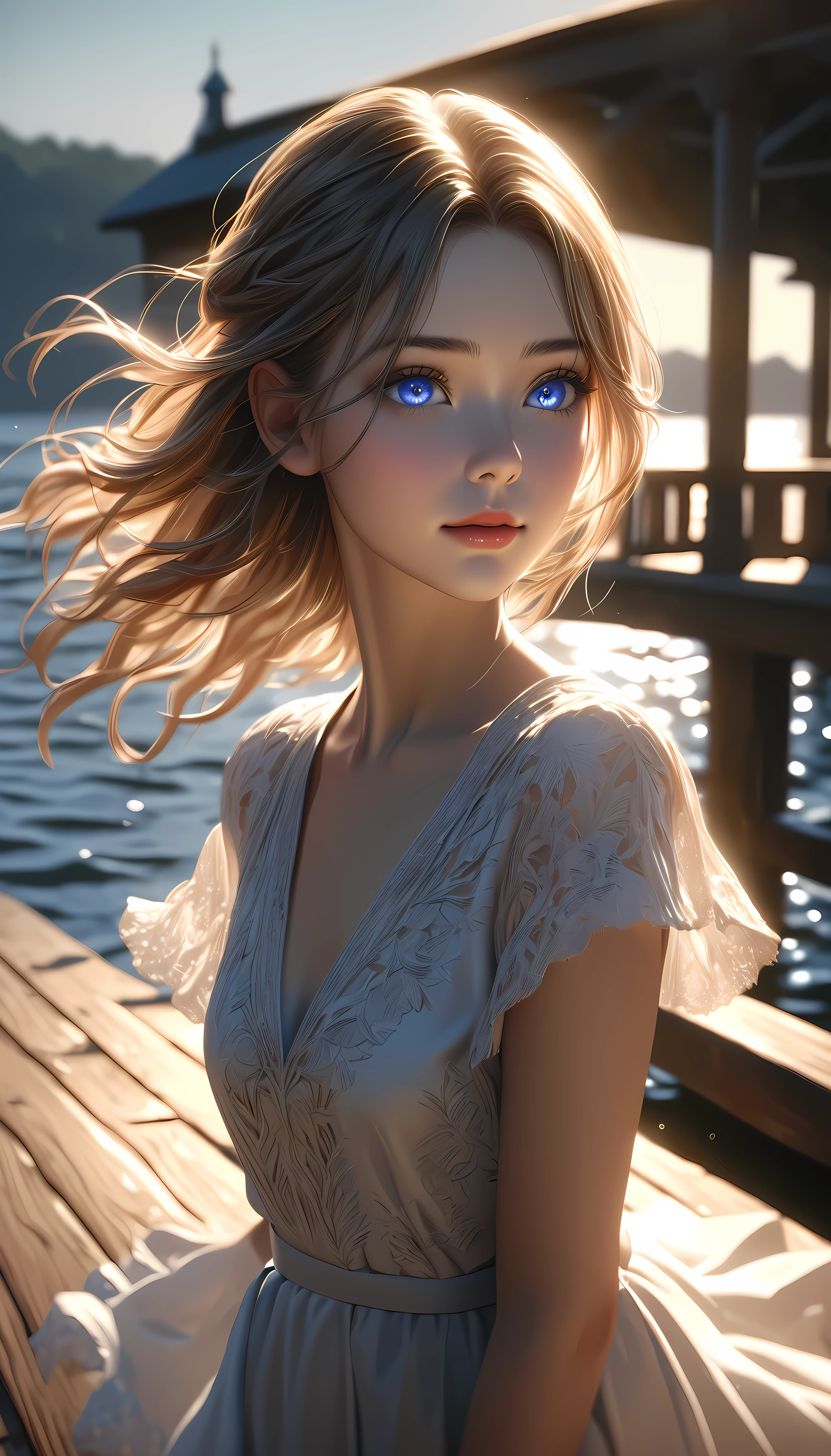 a beautiful young woman, solo, detailed eyes, Model shooting on the pier, Summer performance, backlighting, ARW, (best quality,4k,8k,highres,masterpiece:1.2),ultra-detailed,(realistic,photorealistic,photo-realistic:1.37),intricate details,vivid colors,cinematic lighting,soft focus,elegant pose,serene expression,dramatic shadows,volumetric lighting