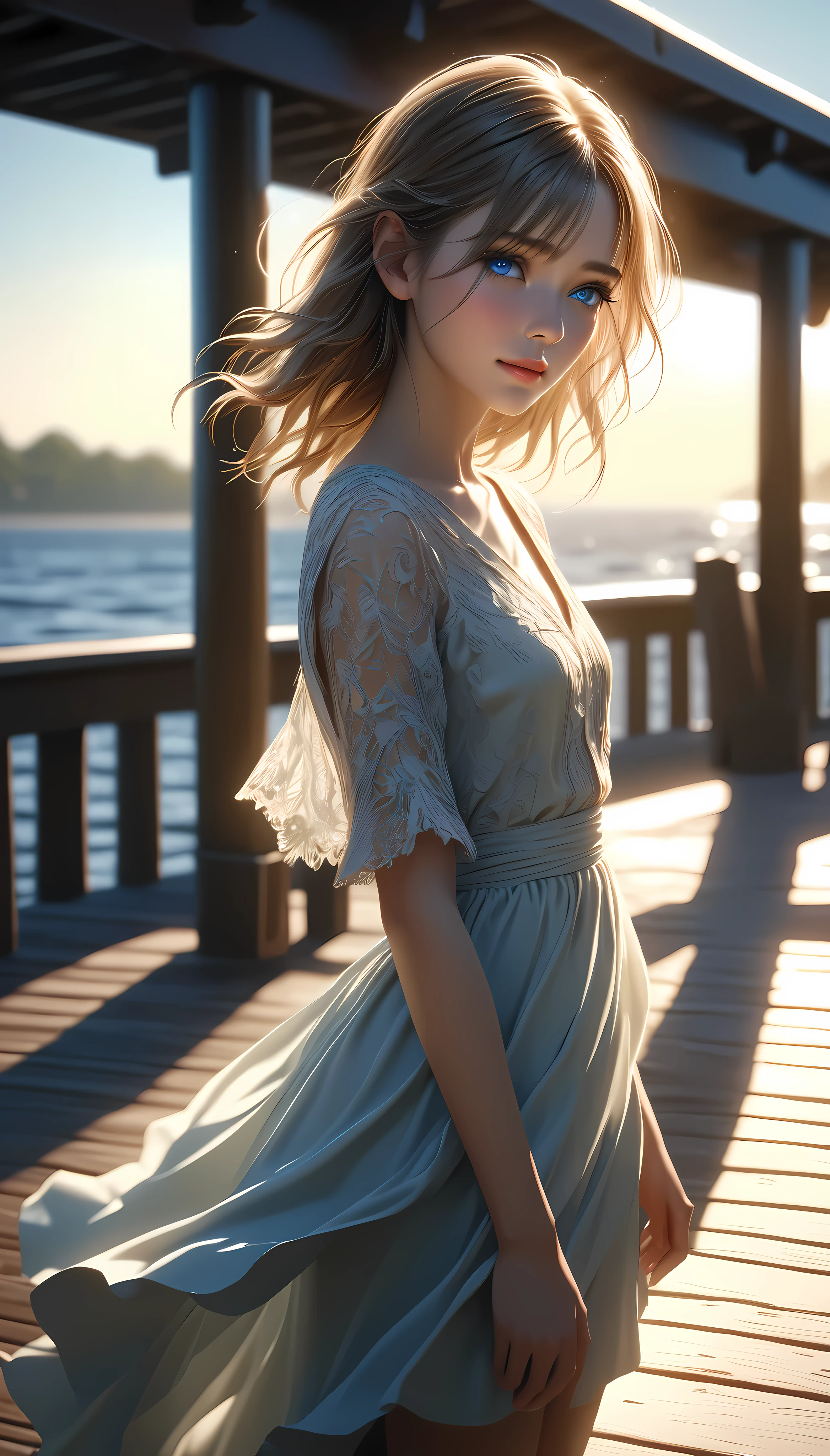 a beautiful young woman, solo, detailed eyes, (Model shooting on the pier:1.17), Summer performance, backlighting, ARW, (best quality,4k,8k,highres,masterpiece:1.2),ultra-detailed,(realistic,photorealistic,photo-realistic:1.37),intricate details,vivid colors,cinematic lighting,soft focus,elegant pose,serene expression,dramatic shadows,volumetric lighting