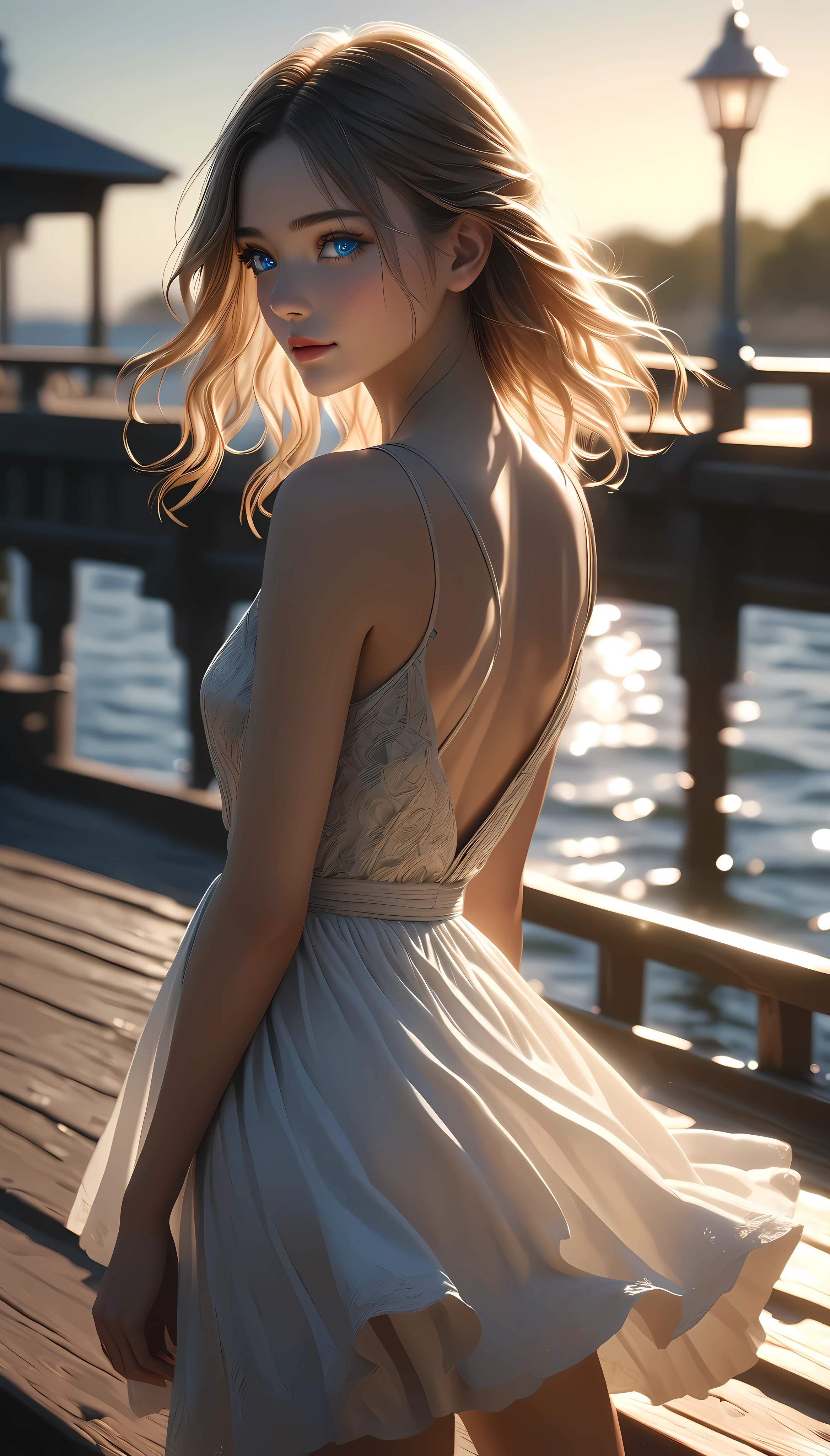 a beautiful young woman, solo, detailed eyes, (Model shooting on the pier:1.17), Summer performance, backlighting, ARW, (best quality,4k,8k,highres,masterpiece:1.2),ultra-detailed,(realistic,photorealistic,photo-realistic:1.37),intricate details,vivid colors,cinematic lighting,soft focus,elegant pose,serene expression,dramatic shadows,volumetric lighting