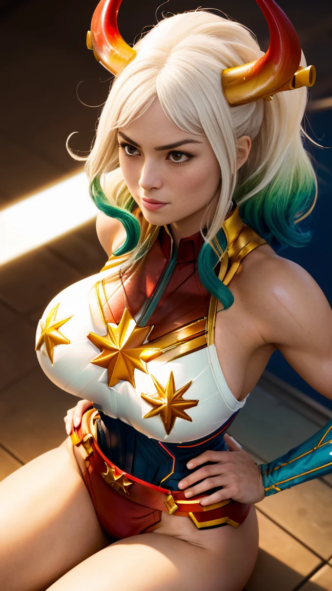 Foto de corpo inteiro, Yamato version of Captain marvel, (best qualityer:1.3), sultry posing, captain marvel, (demon girl), very huge breasts, seductiv, sexly, white hair with light green tips, horn with red tips