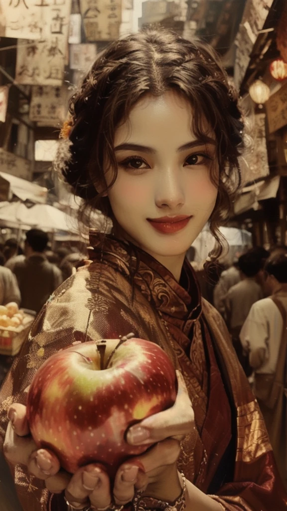 a libra zodiac sign woman and man, couple in a busy market, holding in hand a fresh red apple, detailed facial features, close-up portrait, realistic lighting, vibrant colors, cinematic composition, photorealistic, 8k, masterpiece. Smile