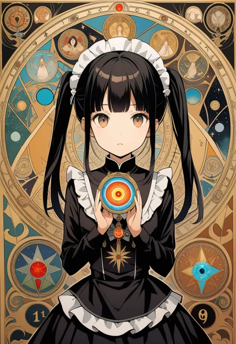 artwork, better quality, beautiful girl, girl in black maid outfit、black hair in twin tails, symbolism, visual art, occultism, u...