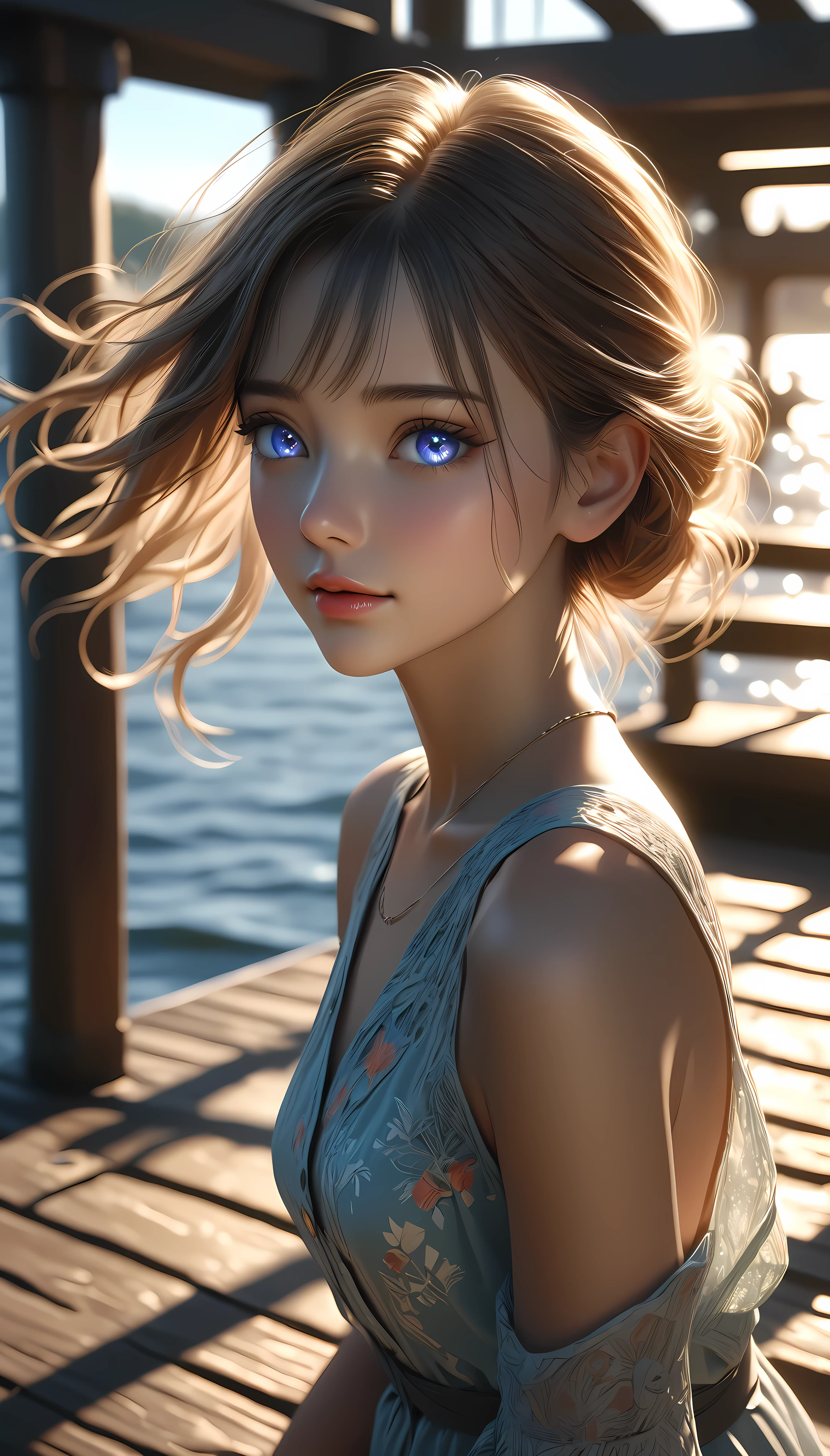 a beautiful young woman, solo, detailed eyes, (Model shooting on the pier:1.17), Summer performance, backlighting, ARW, (best quality,4k,8k,highres,masterpiece:1.2),ultra-detailed,(realistic,photorealistic,photo-realistic:1.37),intricate details,vivid colors,cinematic lighting,soft focus,elegant pose,serene expression,dramatic shadows,volumetric lighting