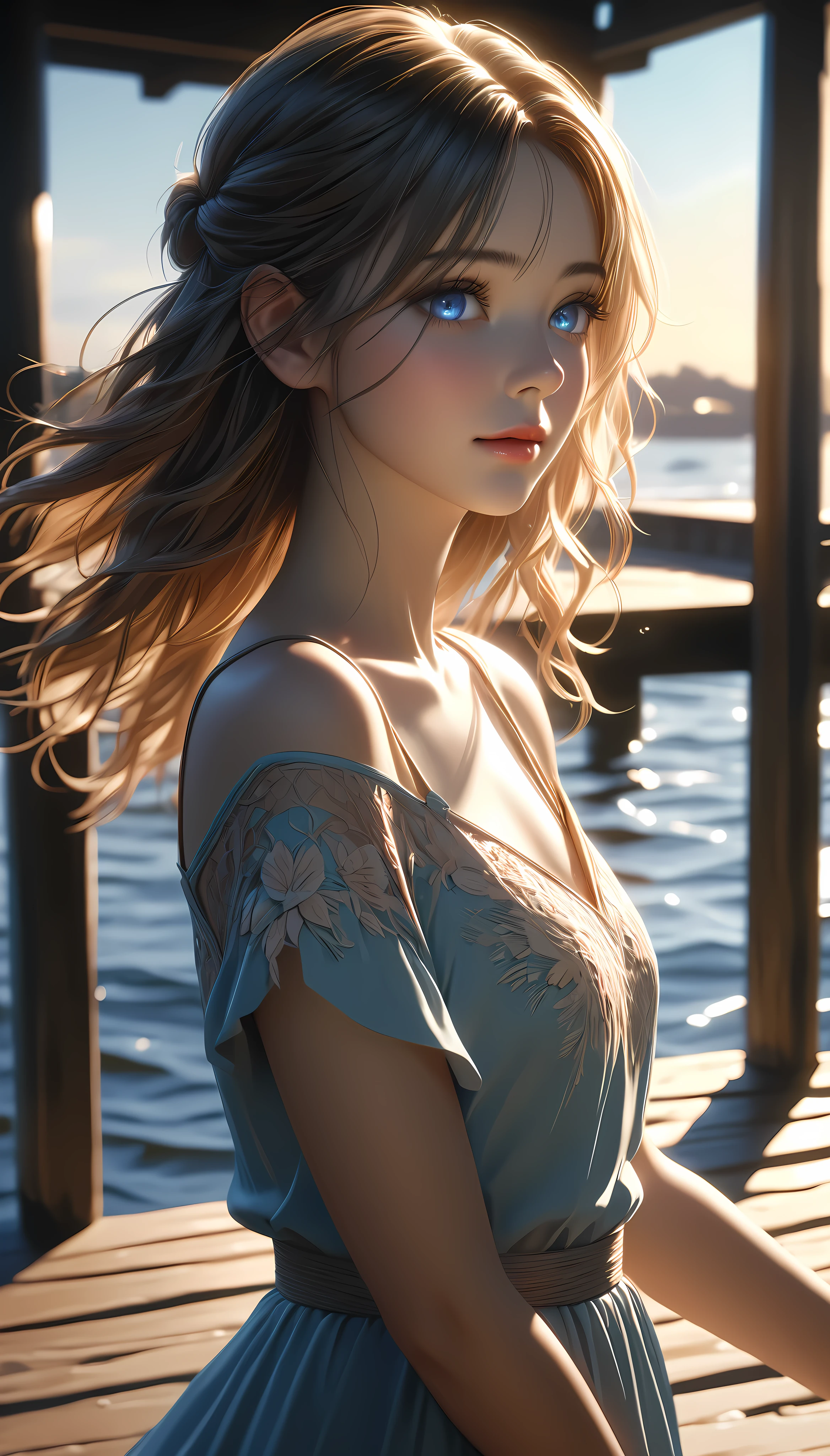 a beautiful young woman, solo, detailed eyes, Model shooting on the pier, Summer performance, backlighting, ARW, (best quality,4k,8k,highres,masterpiece:1.2),ultra-detailed,(realistic,photorealistic,photo-realistic:1.37),intricate details,vivid colors,cinematic lighting,soft focus,elegant pose,serene expression,dramatic shadows,volumetric lighting