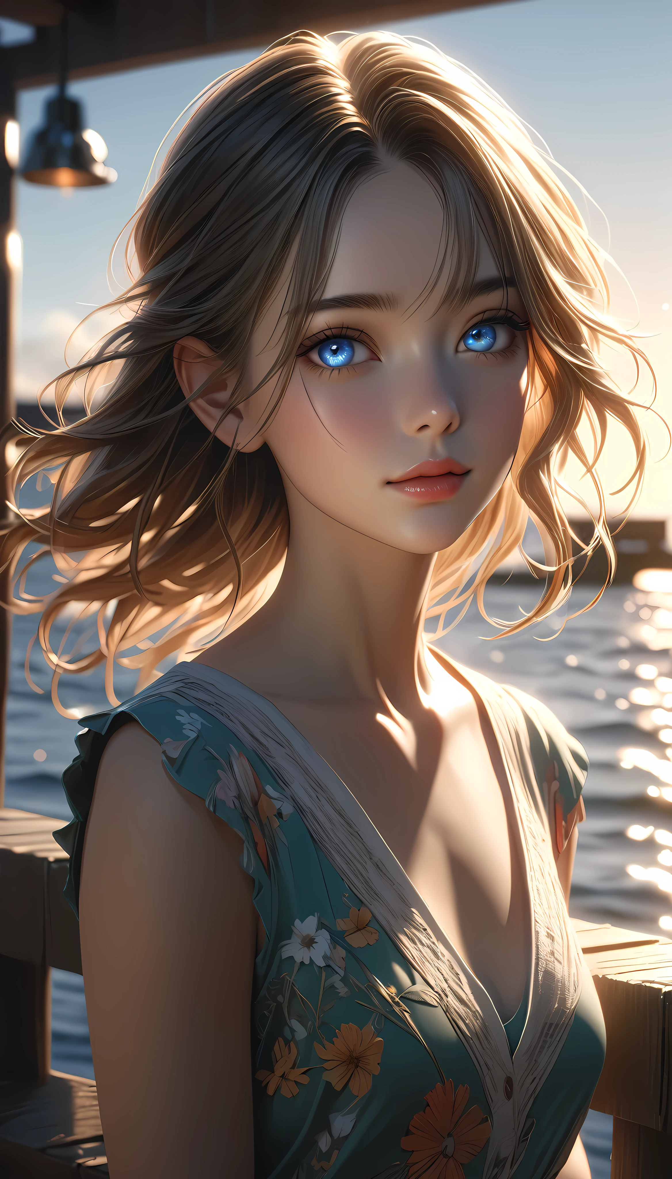 a beautiful young woman, solo, detailed eyes, (Model shooting on the pier:1.17), Summer performance, backlighting, ARW, (best quality,4k,8k,highres,masterpiece:1.2),ultra-detailed,(realistic,photorealistic,photo-realistic:1.37),intricate details,vivid colors,cinematic lighting,soft focus,elegant pose,serene expression,dramatic shadows,volumetric lighting