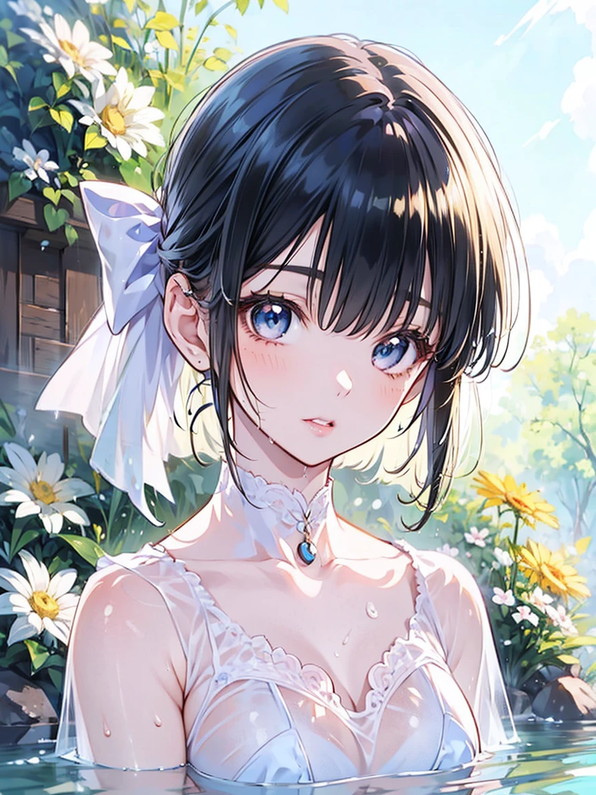 From the thigh up, Anime girl in wet clothes, Realistic Shadows, Detailed skin, Medium chest, Black Hair, Hair Ribbon, Very detailed, 8kのVery detailedな顔, perfect face shape, Perfect Lips, Perfect Nose, Correct beautiful eyes, See-through, Audience, masterpiece, Highest quality,