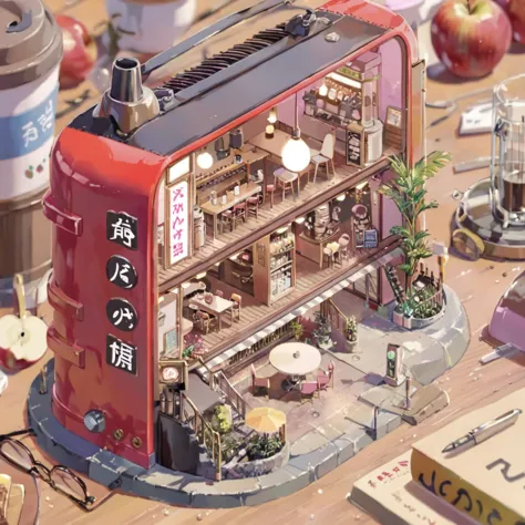 ((tilt-shift photography)), (((cafe in side of apple))), ((anime:1.4,illustration)),(masterpiece, top quality, best quality),(ul...