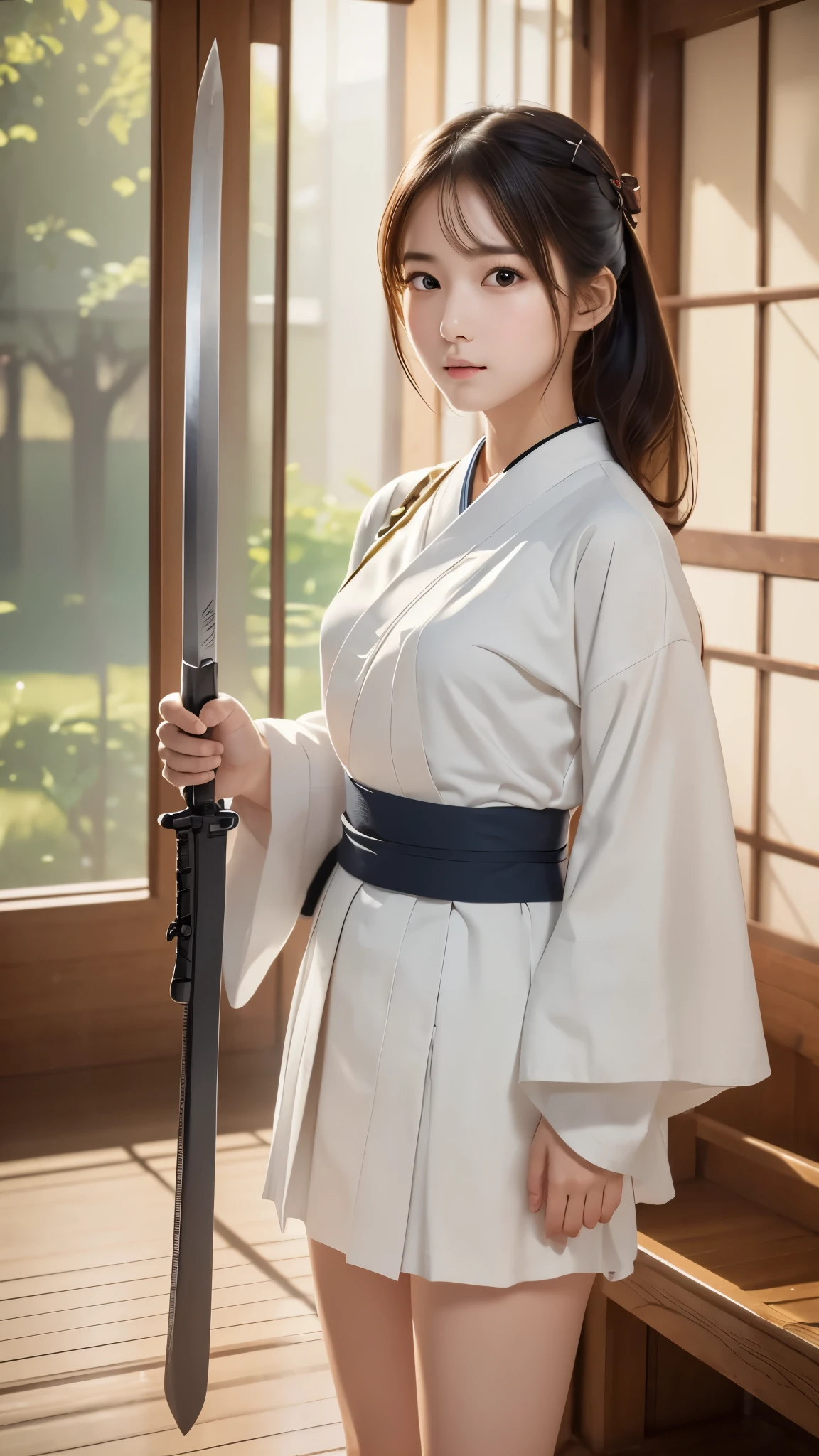 Photo quality, 8k, Detailed facial depiction, Cute girl, White Kendo uniform, Long white hakama, Swinging a sword, Elevate your legs, Full body image