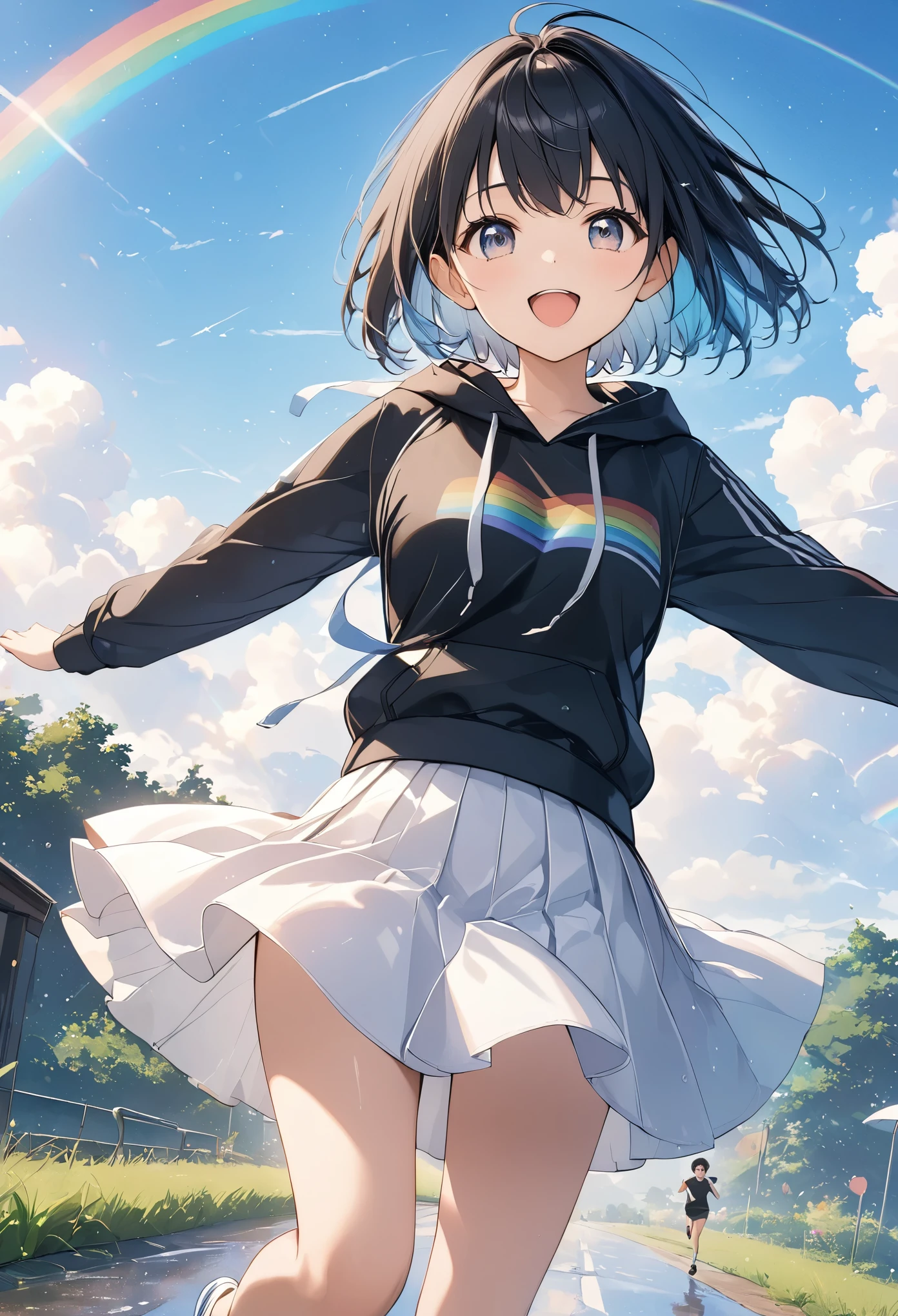 anime、((Amazingly absurd)),(masterpiece:1.2),超High resolution, Attention to detail, high quality, High resolution, 最high quality, 4K, 8k、Black hoodie、White Skirt、Black Hair、short hair、:D、cute、Running figure、A rainbow appears in the sky after the rain、Summer sky、Raise your hands,Jump,Close-up