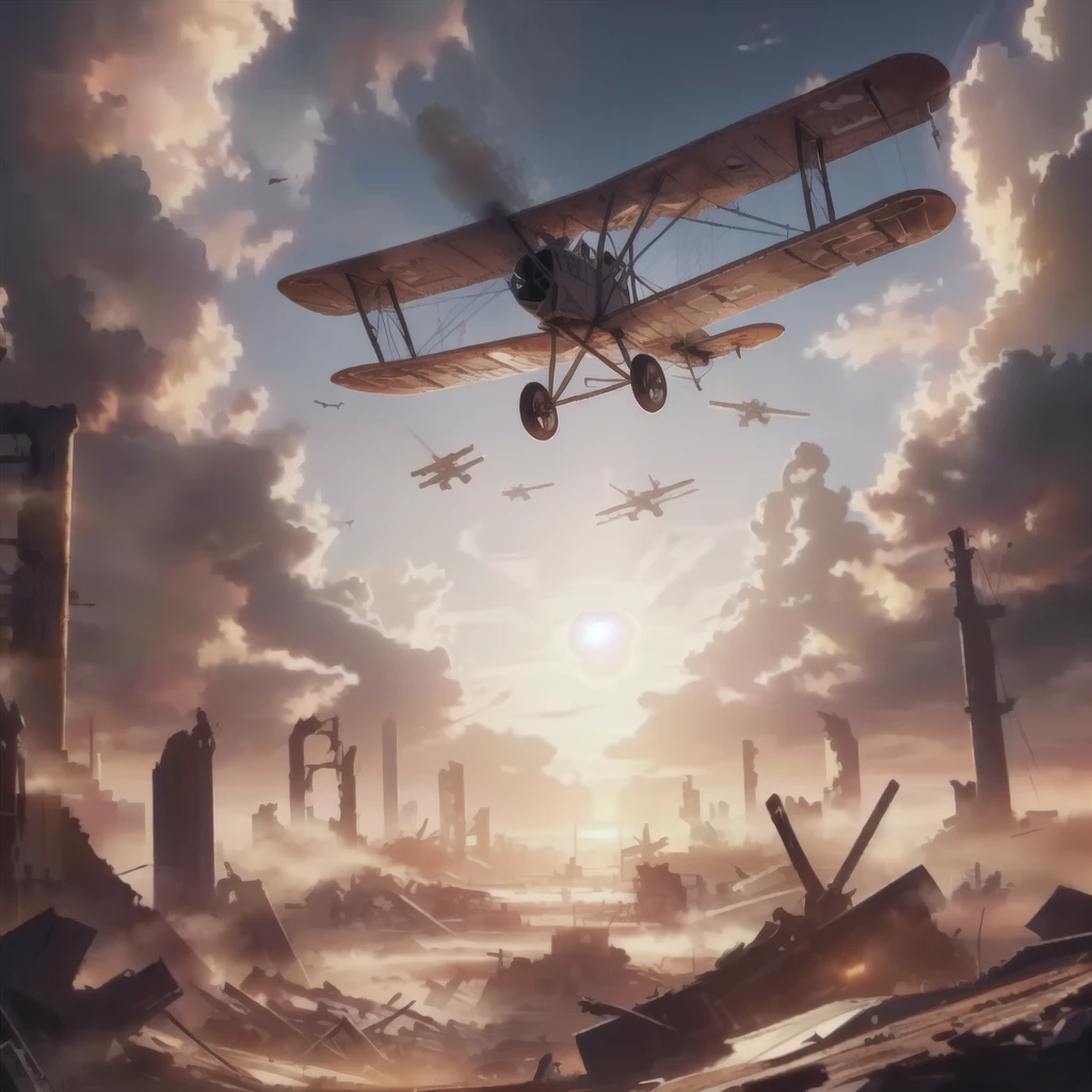 Majestic sunrise illuminating vintage biplane hovering over war torn, post-apocalyptic landscape filled with imposing ruins and wreckage

