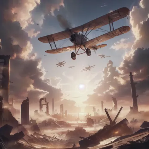 majestic sunrise illuminating vintage biplane hovering over war torn, post-apocalyptic landscape filled with imposing ruins and ...