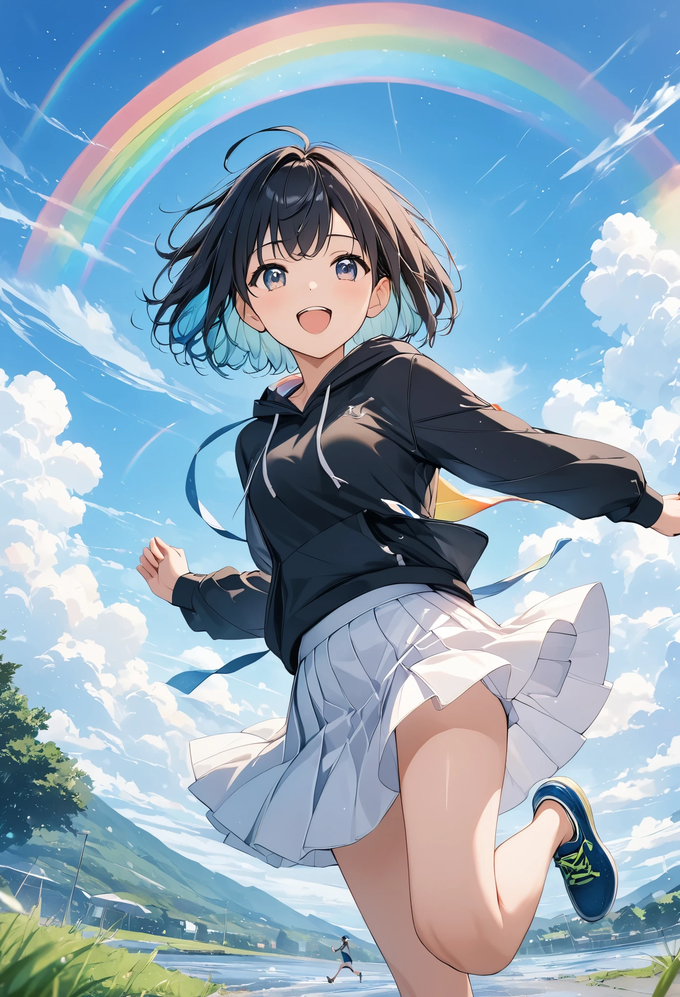 anime、((Amazingly absurd)),(masterpiece:1.2),超High resolution, Attention to detail, high quality, High resolution, 最high quality, 4K, 8k、Black hoodie、White Skirt、Black Hair、short hair、:D、cute、Running figure、A rainbow appears in the sky after the rain、Summer sky、(,Jump,後ろ姿),Close-up