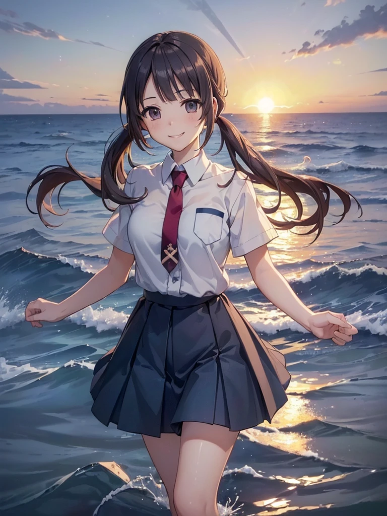 (16K,Ultra-high resolution,Highest quality,masterpiece,Very detailed,Extremely clear CG),okitasawa, low twintails,((Sun rising from the horizon:1.3)),Morning Glow,coast before dawn:1.3,Very beautiful starry sky:1.3,white shirt, short sleeves, red necktie, blue skirt,((Very detailed顔の特徴:1.3)), ((Beautiful and perfect face,:1.3)) ((Perfect Eyes:1.3)),((Anatomically correct body:1.3)),walking on water,Splashing water effects,((happy smile:1.3))