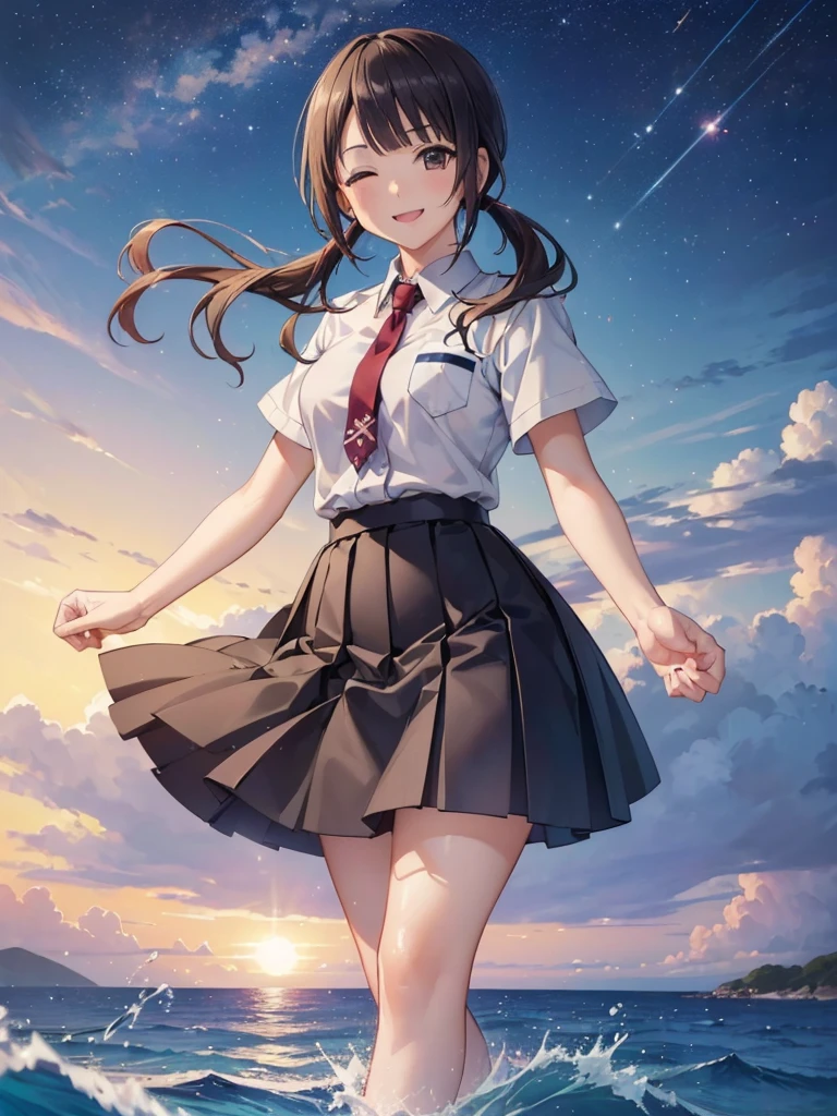 (16K,Ultra-high resolution,Highest quality,masterpiece,Very detailed,Extremely clear CG),Okitasawa laughs with his eyes closed and his mouth open, low twintails,Sun rising from the horizon,coast before dawn:1.3,Very beautiful starry sky:1.3,white shirt, short sleeves, red necktie, blue skirt,((Very detailed顔の特徴:1.3)), ((Beautiful and perfect face,:1.3)) ((Perfect Eyes:1.3)),((Anatomically correct body:1.3)),walking on water,Splashing water effects,((happy smile:1.3))