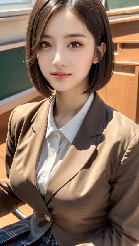 (a beautiful and cute high school girl in a school uniform is sitting in a chair in a high school classroom during lunch break:1...