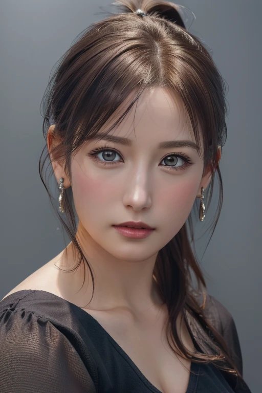 (Representative works:1.3)、(8k、Realistic、RAW Photos、Best image quality:1.4)、(30 year old mature woman)、Small face、Beautiful Face、(Realistic Face)、No makeup、Natural Makeup、light makeup、 (Dark brown、Ponytail:1.3)、Beautiful hairstyle、Realistic eyes、Beautiful attention to detail、 (Realisticな肌)、Beautiful Skin、 (No sleeve)、Bust D cup、 Confused、 charm、超High resolution、Ultra-realistic、 High resolution、Golden Ratio、ff tifa、Gray background、