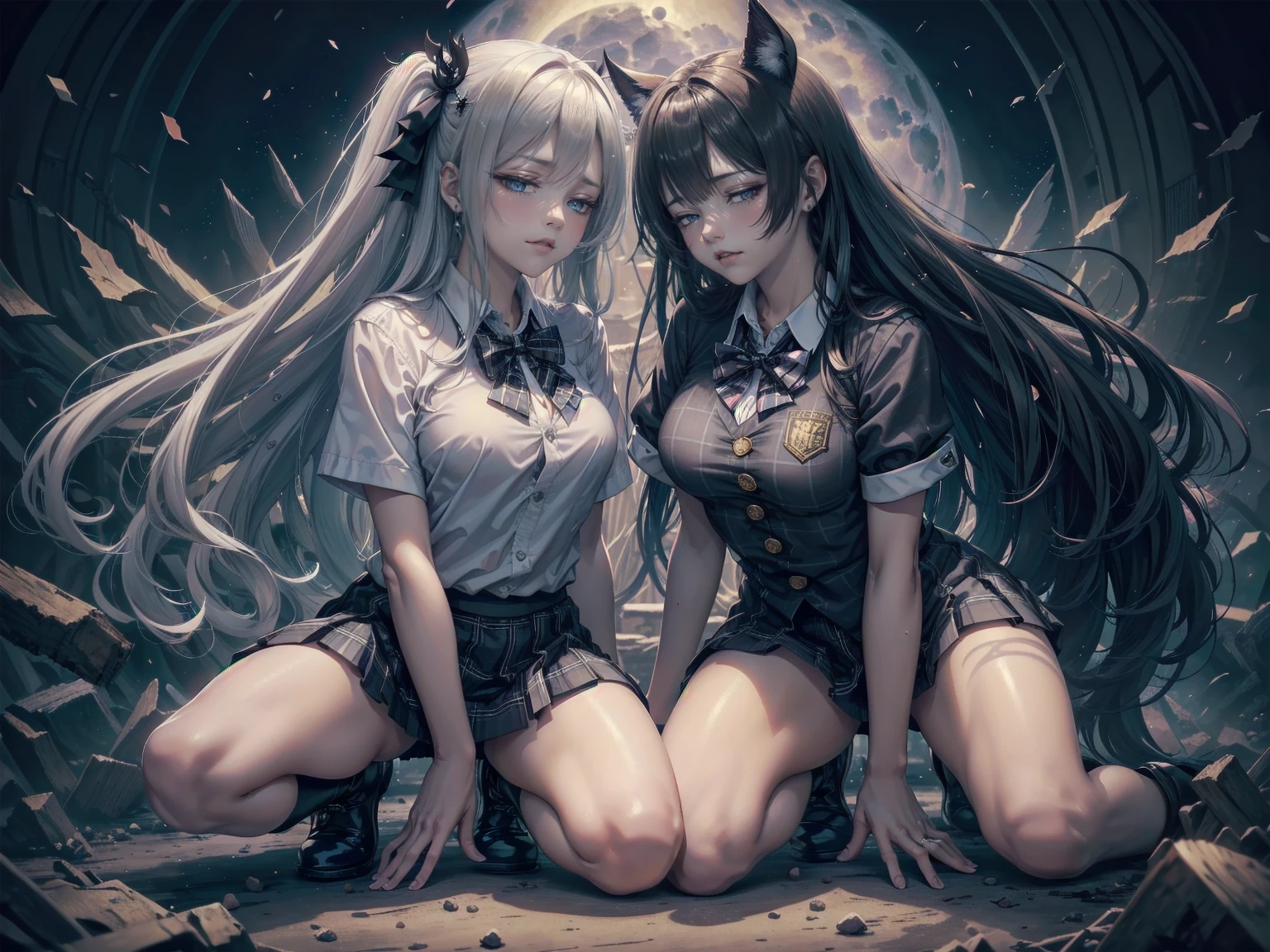 (The perfect solution, Absurd, Dynamic Lighting, High Resolution, masterpiece, Highest quality), Black background, ((moonlight)),, 1 girl, Silver Hair, Shiny Hair, very Long Hair, 鈍いbangs, Very red lips, Looking at the audience, Iconic eyes, (((Half-closed eyes))), (偽りのsmile), (Chest and ribs), eyes are bright red, pupils are narrow, Gothic Makeup,, Light beige skin, (fallen Angel)))), ((((Haniel)))) Light Skin Hair, Long Hair, きれいに整えられたbangs, ((Long Bottom)), ((Long eyelashes)), eye shadow, (((Grey Eyes))), Light skin and brown lips, (Laugh without emotion), Behaving provocatively,
((whiteい美しいゴシック衣装)),
Lady,, 
(Beautiful background: 1.18),
High Resolution, art, work, Highest quality,
,Shadowed face　、beautiful girl、とてもcute天使、Pink T-shirt、cute、Baby Face、smile、Long skirt、Black long boots、.(Highest quality,4K,High resolution,masterpiece:1.2),Very detailed,Realistic:1.37,
beautiful girl、Very cute angel、(masterpiece:1.2, Highest quality), (Actual, photoActual:1.4),  Looking at the audience, whole body, Front view:0.6, , Japanese, high School girl, (Long Hair:1.5), Dry your hair, (Half Up, Half Down, Half Up, Half Downdo), bangs, Hair between the eyes, Big Breasts:0.8, Beautiful Hair, Pretty face, Beautiful and delicate eyes, Beautiful clavicle, Beautiful body, Beautiful breasts, Beautiful thighs, Beautiful feet, (Beautiful views), , School, ((Collared short-sleeved shirt, white shirt, School uniform, Grey plaid pleated skirt, Blue checked bow tie)), white, Lying on a table on stage，The skirt hangs down around the thighs, Clothes buttons open, show内衣, Place your hands behind your back，Spread your legs，show， blush, ,smile、Long skirt、
