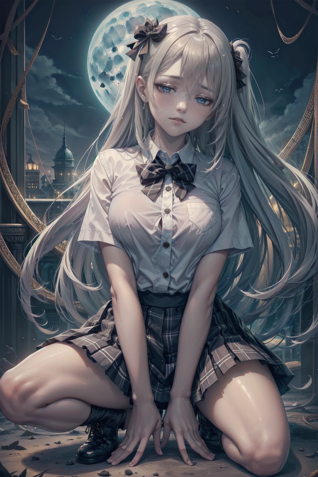 (The perfect solution, Absurd, Dynamic Lighting, High Resolution, masterpiece, Highest quality), Black background, ((moonlight)),, 1 girl, Silver Hair, Shiny Hair, very Long Hair, 鈍いbangs, Very red lips, Looking at the audience, Iconic eyes, (((Half-closed eyes))), (偽りのsmile), (Chest and ribs), eyes are bright red, pupils are narrow, Gothic Makeup,, Light beige skin, (fallen Angel)))), ((((Haniel)))) Light Skin Hair, Long Hair, きれいに整えられたbangs, ((Long Bottom)), ((Long eyelashes)), eye shadow, (((Grey Eyes))), Light skin and brown lips, (Laugh without emotion), Behaving provocatively,
((whiteい美しいゴシック衣装)),
Lady,, 
(Beautiful background: 1.18),
High Resolution, art, work, Highest quality,
,Shadowed face　、beautiful girl、とてもcute天使、Pink T-shirt、cute、Baby Face、smile、Long skirt、Black long boots、.(Highest quality,4K,High resolution,masterpiece:1.2),Very detailed,Realistic:1.37,
beautiful girl、Very cute angel、(masterpiece:1.2, Highest quality), (Actual, photoActual:1.4),  Looking at the audience, whole body, Front view:0.6, , Japanese, high School girl, (Long Hair:1.5), Dry your hair, (Half Up, Half Down, Half Up, Half Downdo), bangs, Hair between the eyes, Big Breasts:0.8, Beautiful Hair, Pretty face, Beautiful and delicate eyes, Beautiful clavicle, Beautiful body, Beautiful breasts, Beautiful thighs, Beautiful feet, (Beautiful views), , School, ((Collared short-sleeved shirt, white shirt, School uniform, Grey plaid pleated skirt, Blue checked bow tie)), white, Lying on a table on stage，The skirt hangs down around the thighs, Clothes buttons open, show内衣, Place your hands behind your back，Spread your legs，show， blush, ,smile、Long skirt、
