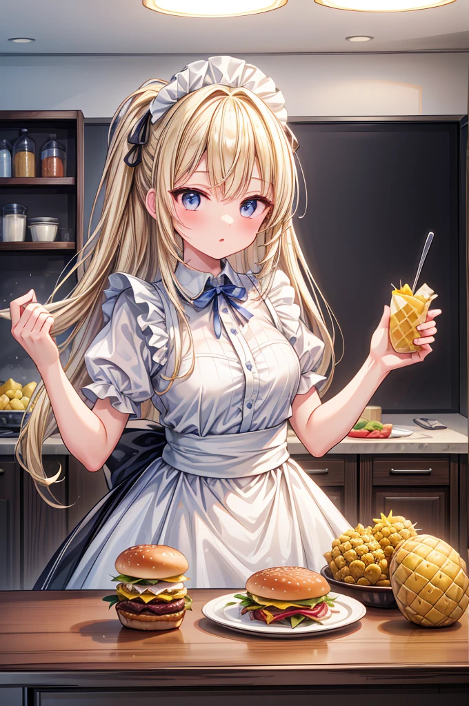 (8k, super high quality, Ultra-high resolution, masterpiece), Hamburger with pineapple, Pineapple-based burger, kitchen, table, Stylish, White and black maid, Blue ribbon, Knee-length, Blonde, cute, cooking, 