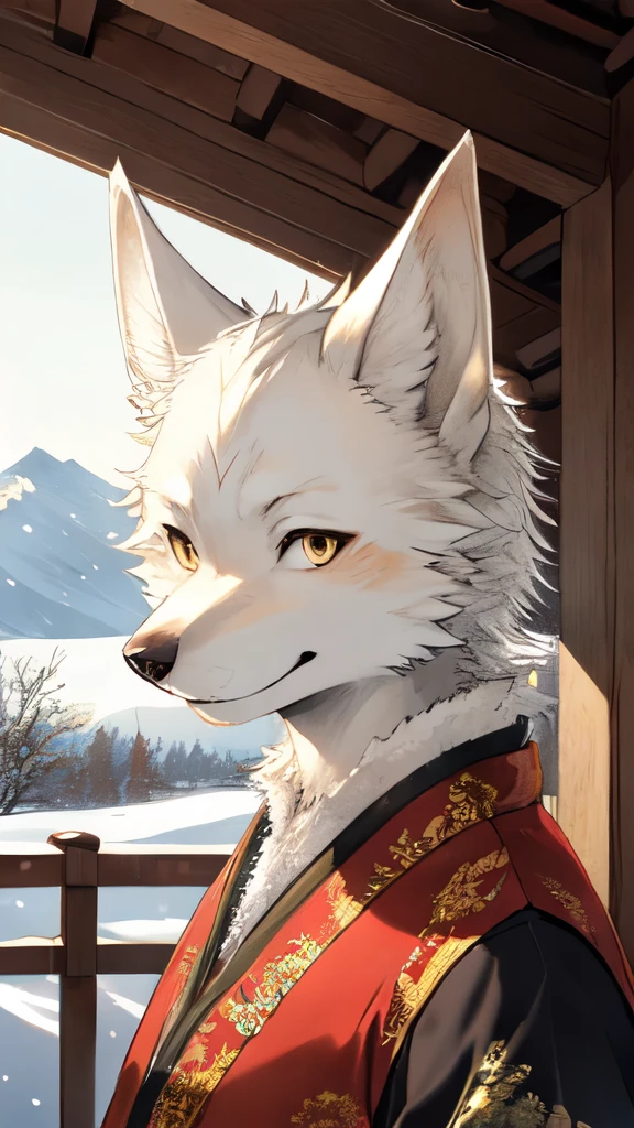 Yoshitaka Amano，Yoshitaka Amano，1 person, 8k Werewolf Portrait, male white fox，Golden iris，Arctic fur is as white as snow，Traditional Chinese clothing, illustration, ((masterpiece))，Sunny，In a Chinese-style wooden building，elegant