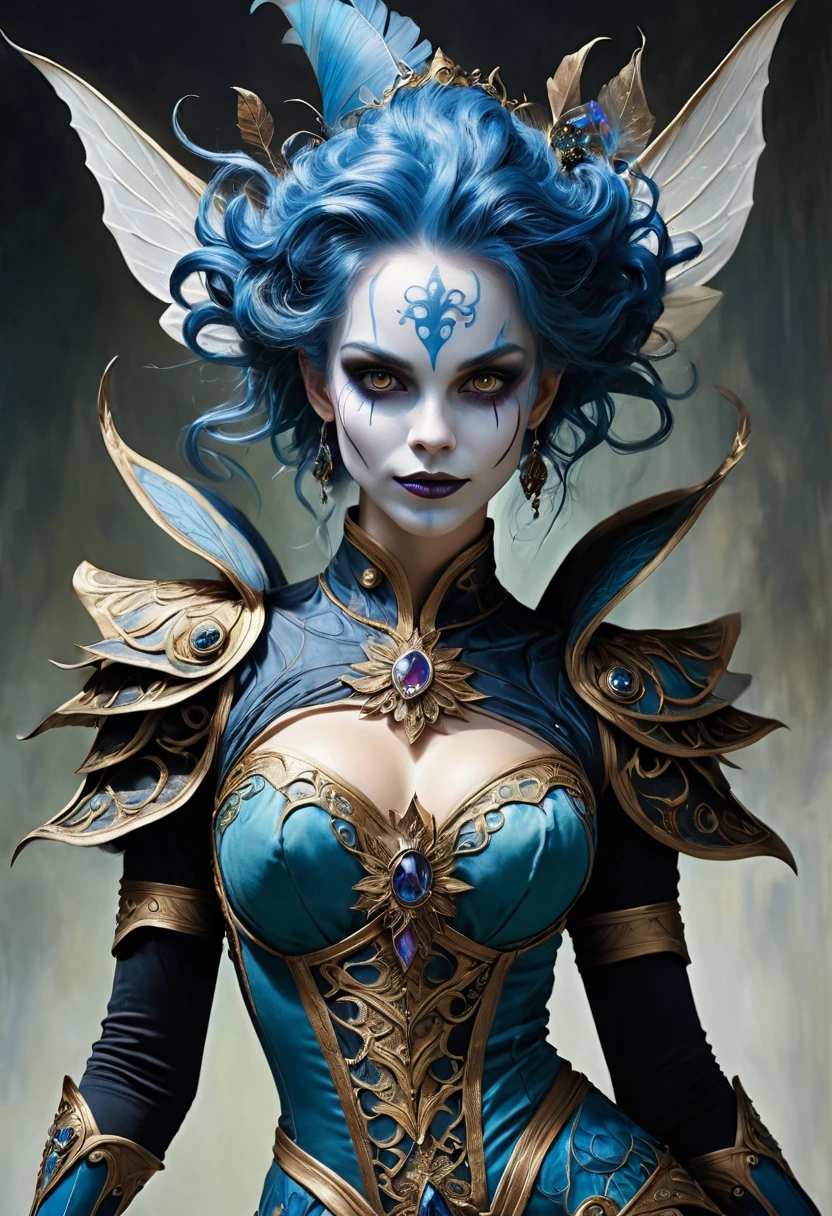 A surge of art, deep blue ink art, Detailed painting, charming sweet woman, with blue hair, crazy evil smile, Dark Fantasy, surrealistic atmosphere, Luminous, UHD, dark vivid colors, In the style of Tim Burton, magic, Digital illustration, luminism, rim lighting