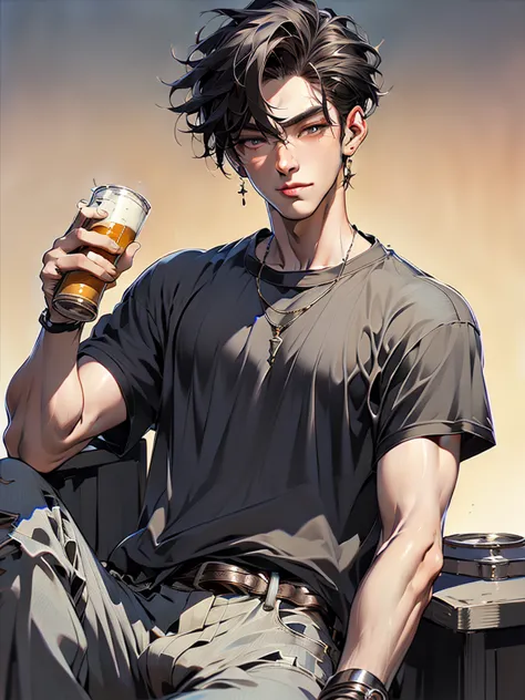 a handsome man with a good figure sitting holding a beer can, very handsome, white skin, chinese-western style, has a tattoo on ...