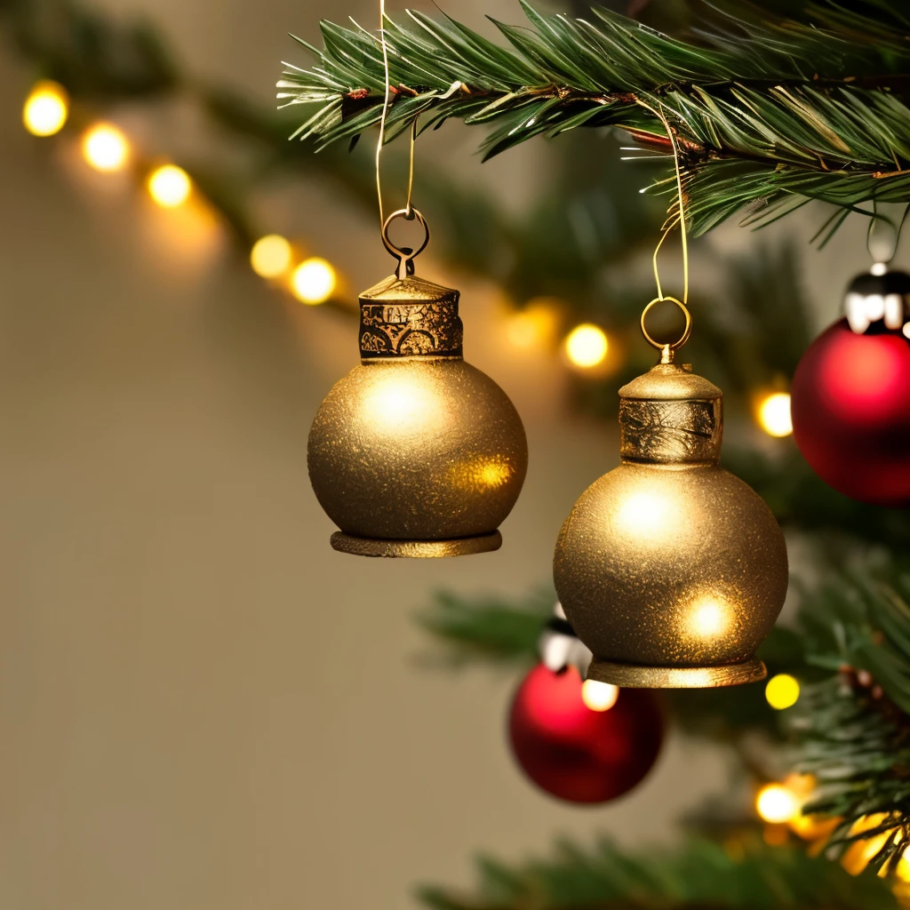 Festive and intricately designed bronze bells adorned with golden ribbons, hanging gracefully from a Christmas tree, creating a warm and elegant holiday ambiance with soft, glowing lights in the background.