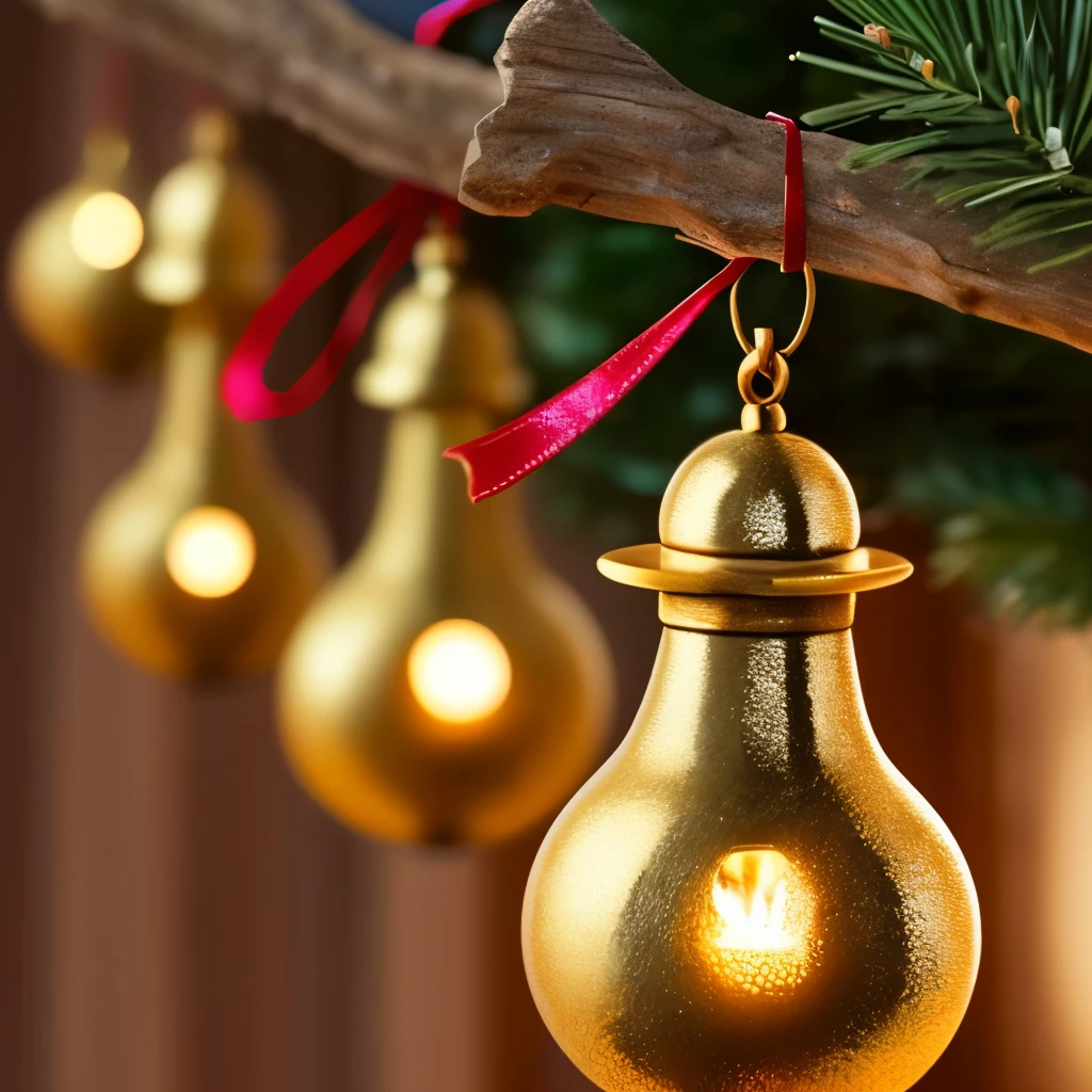 Festive and intricately designed bronze bells adorned with golden ribbons, hanging gracefully from a Christmas tree, creating a warm and elegant holiday ambiance with soft, glowing lights in the background.