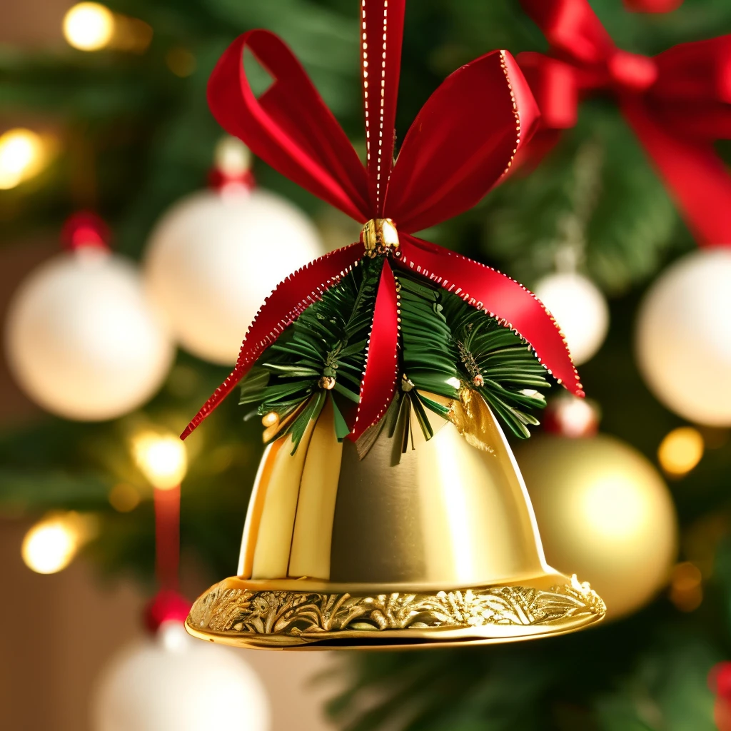 Festive and intricately designed bronze bells adorned with golden ribbons, hanging gracefully from a Christmas tree, creating a warm and elegant holiday ambiance with soft, glowing lights in the background.