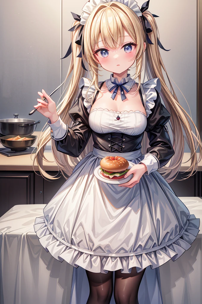 (8k, super high quality, Ultra-high resolution, masterpiece), hamburger, パイナップルがメインのhamburger, kitchen, table, Stylish, White and black maid, Blue ribbon, Knee-length, Blonde, cute, cooking, 