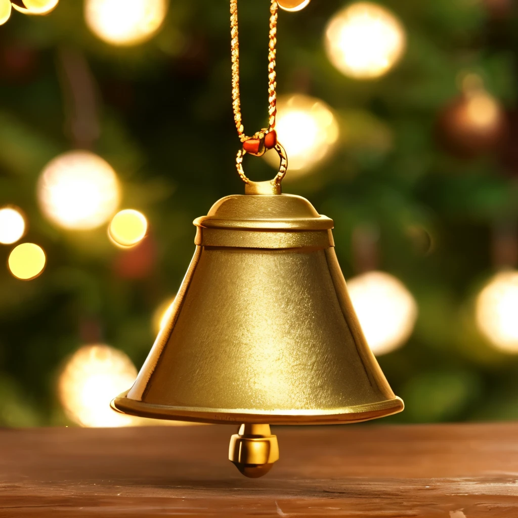 Festive and intricately designed bronze bells adorned with golden ribbons, hanging gracefully from a Christmas tree, creating a warm and elegant holiday ambiance with soft, glowing lights in the background.